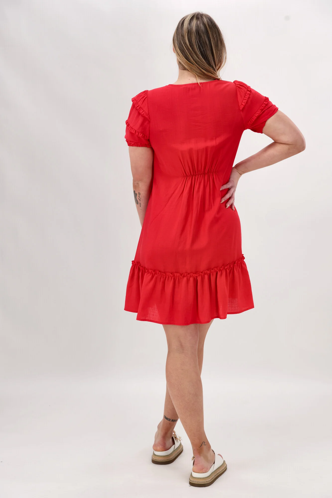 Gloss The Label Dale Frill Detail Puff Sleeve Dress Coral - Image 6