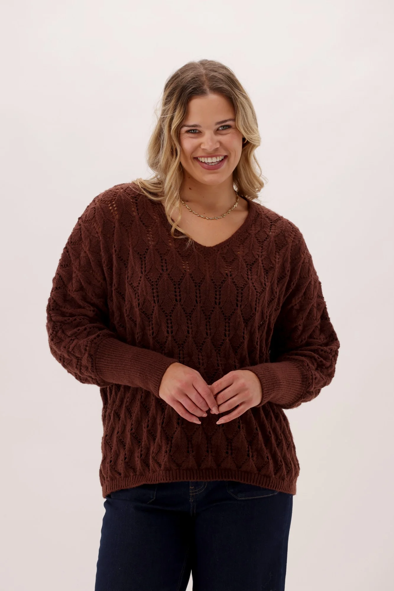 Gloss The Label Downten Pointelle V Neck Sweater Chocolate