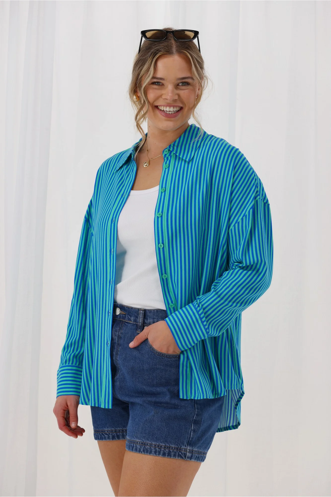 Gloss The Label Eira Shirt Blue And Green Stripe - Image 2