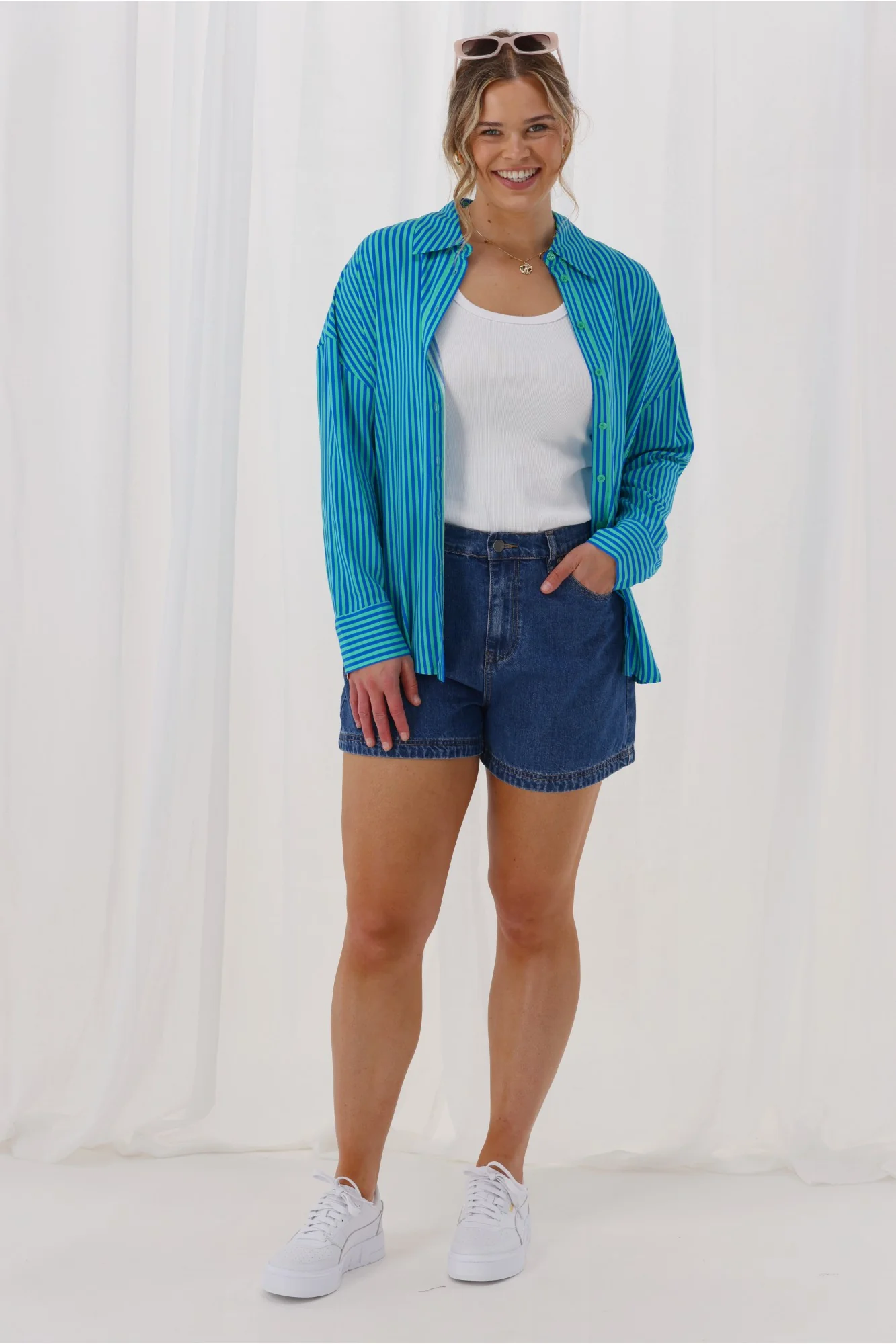 Gloss The Label Eira Shirt Blue And Green Stripe - Image 3