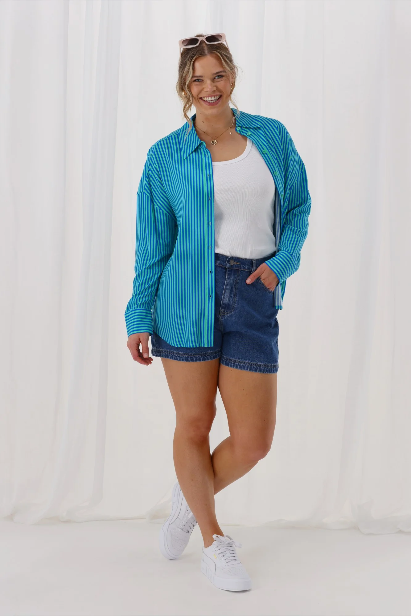Gloss The Label Eira Shirt Blue And Green Stripe - Image 4