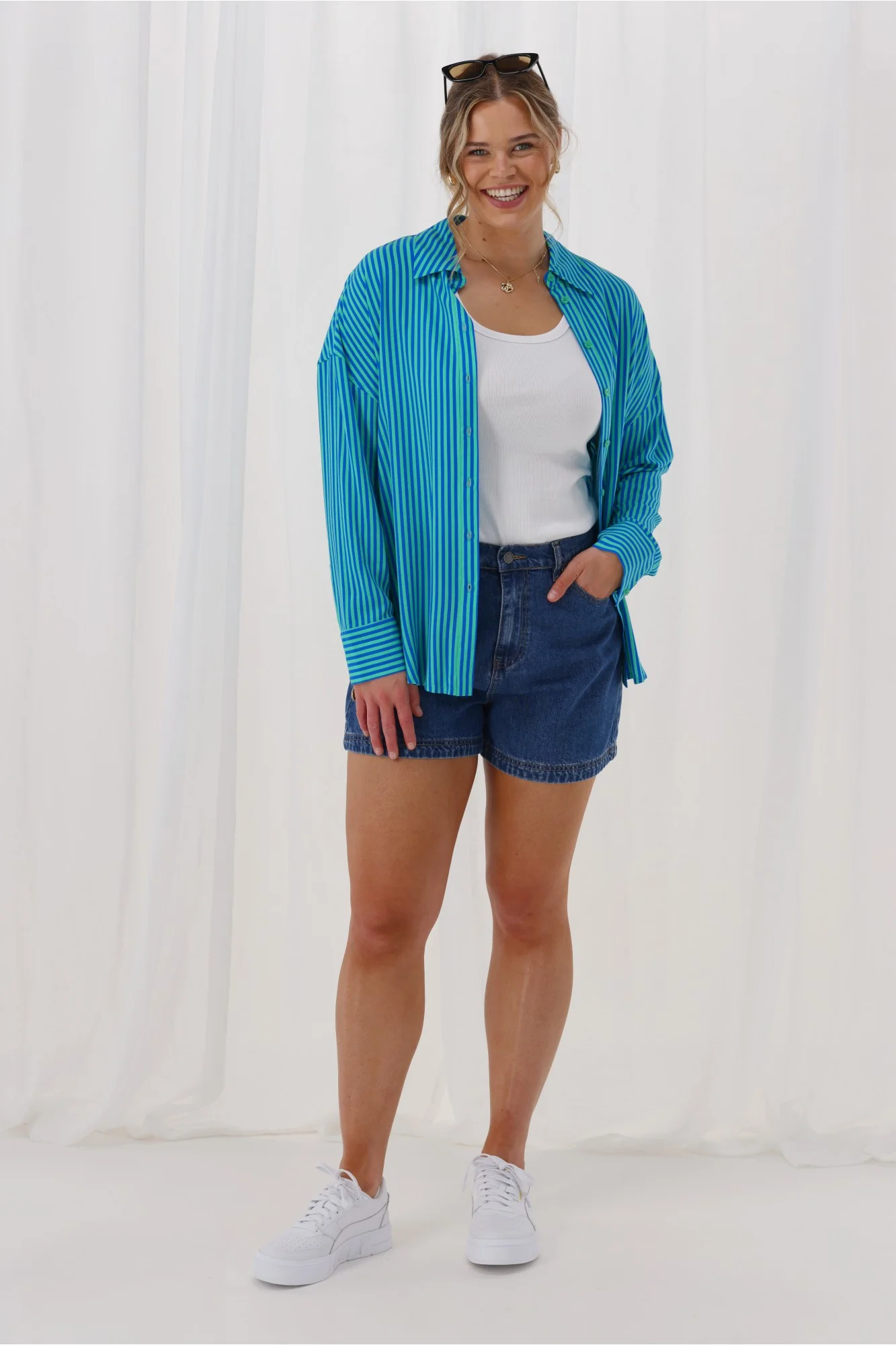 Gloss The Label Eira Shirt Blue And Green Stripe - Image 5