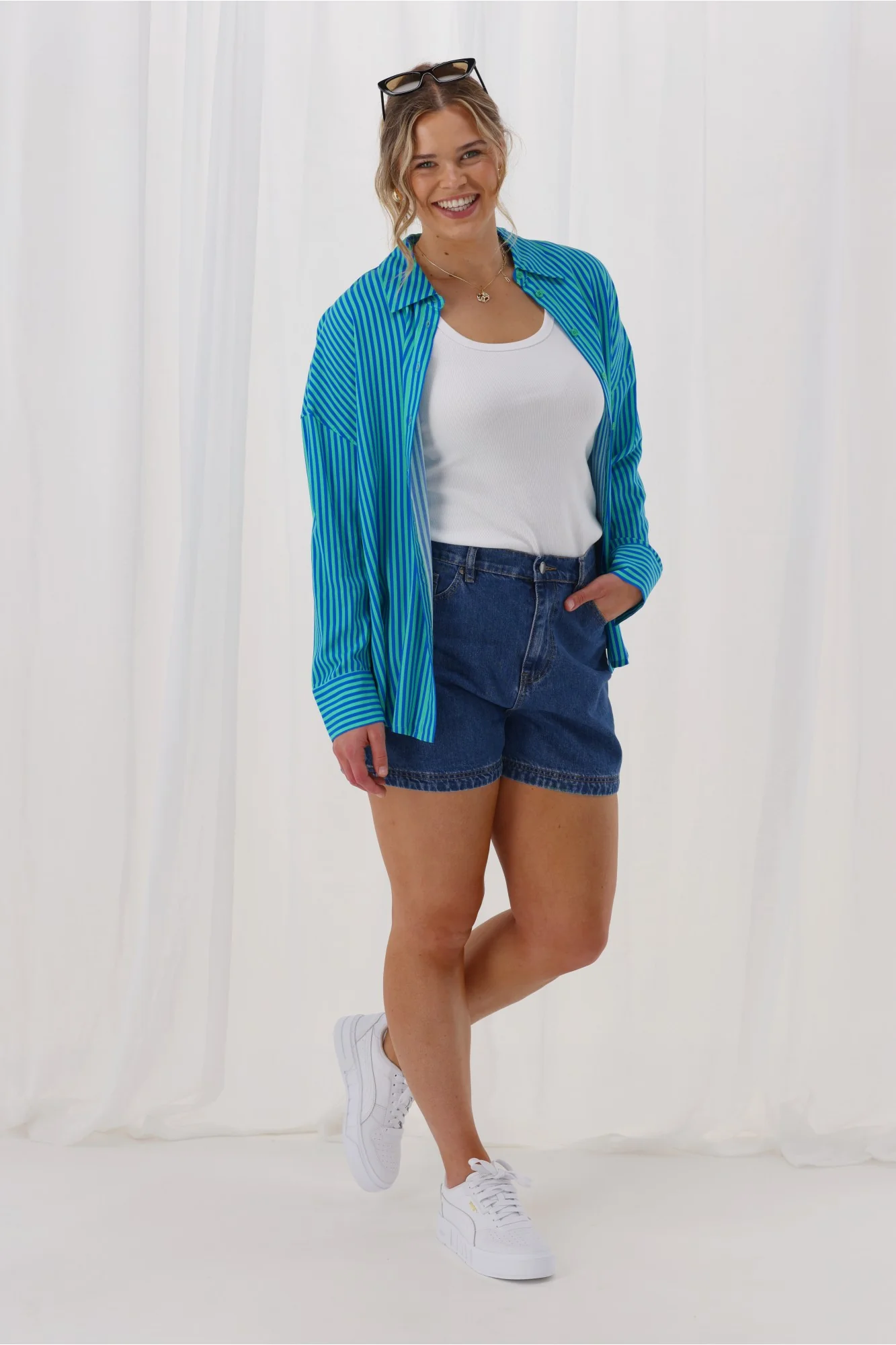 Gloss The Label Eira Shirt Blue And Green Stripe - Image 6