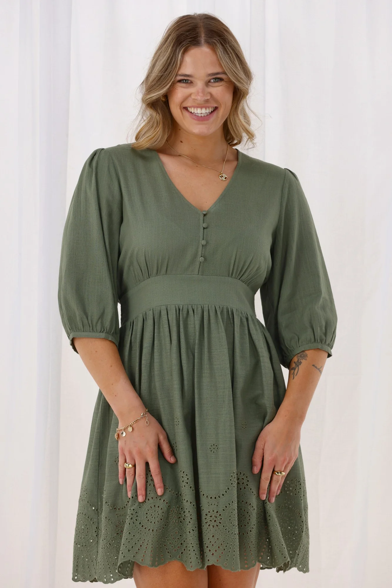 Gloss The Label Eleanor Broderie Linen Look Dress Sage - Image 2