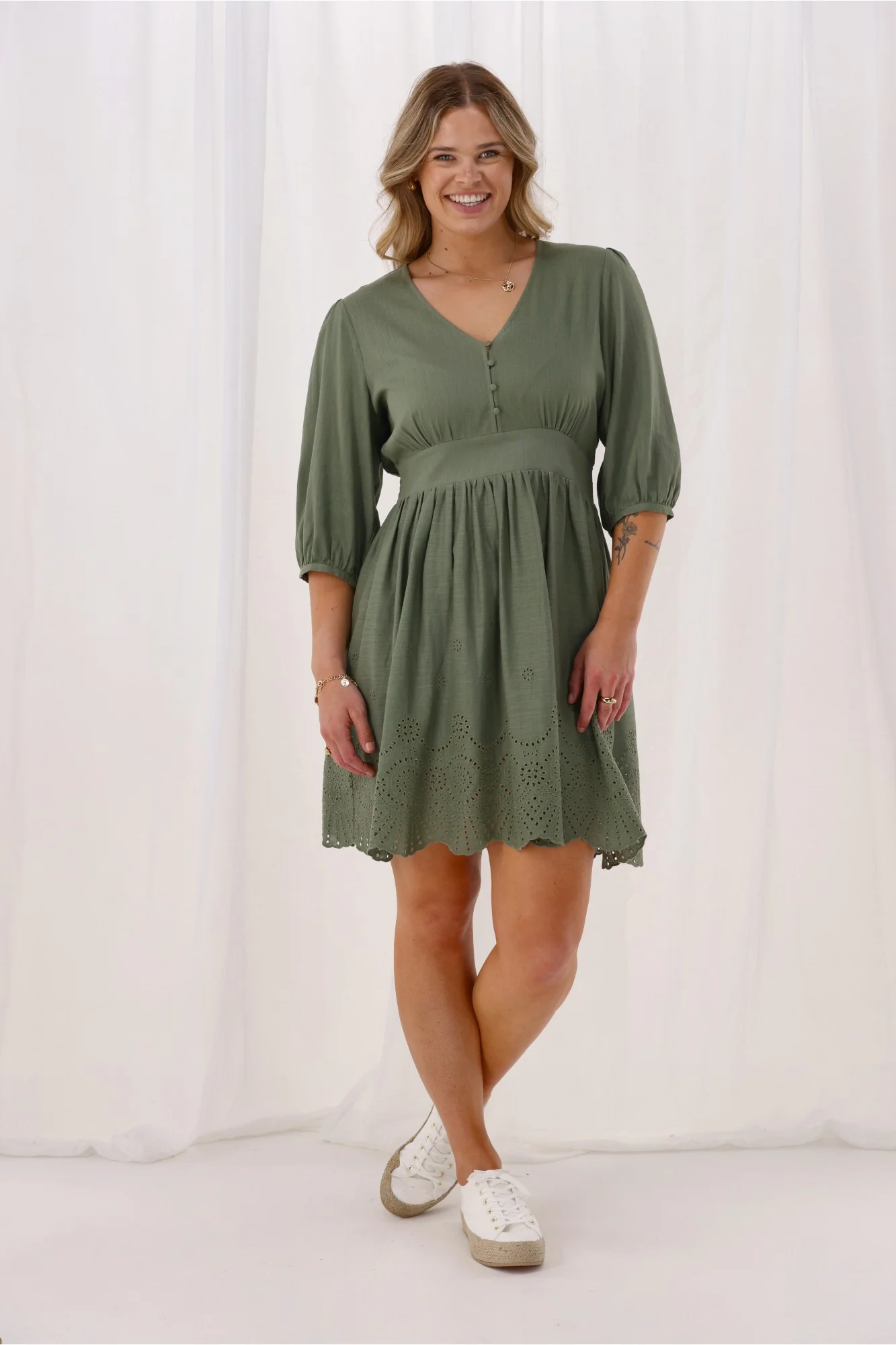 Gloss The Label Eleanor Broderie Linen Look Dress Sage - Image 3