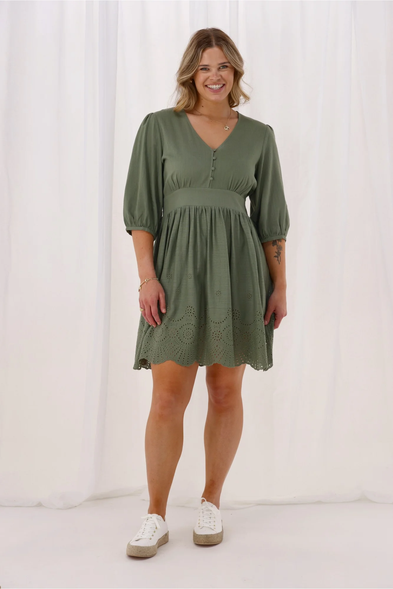 Gloss The Label Eleanor Broderie Linen Look Dress Sage - Image 4