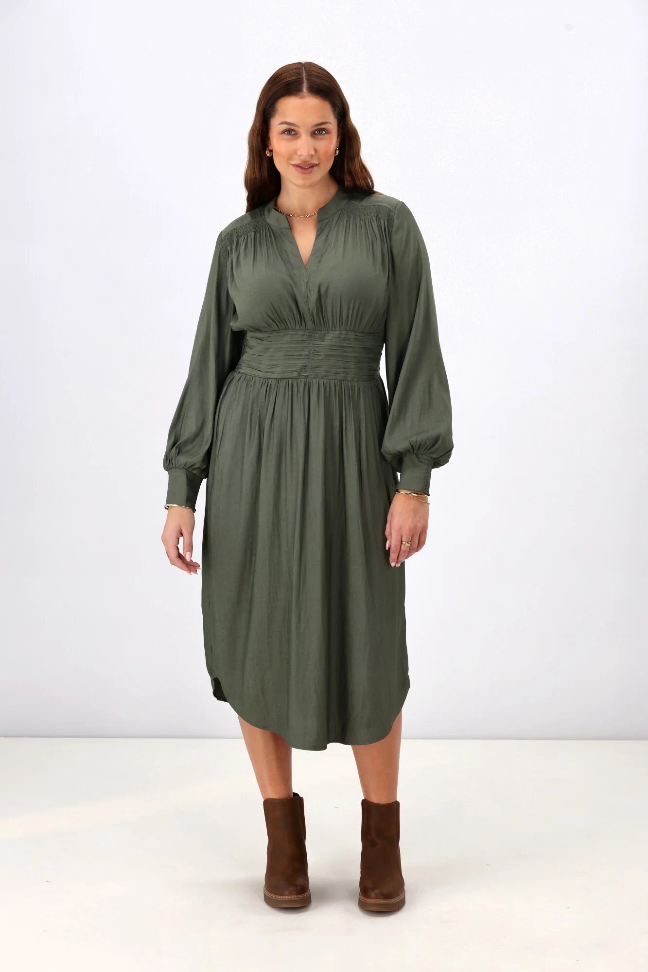 Gloss the Label Ellery Shirred Detail Dress Olive - Image 3