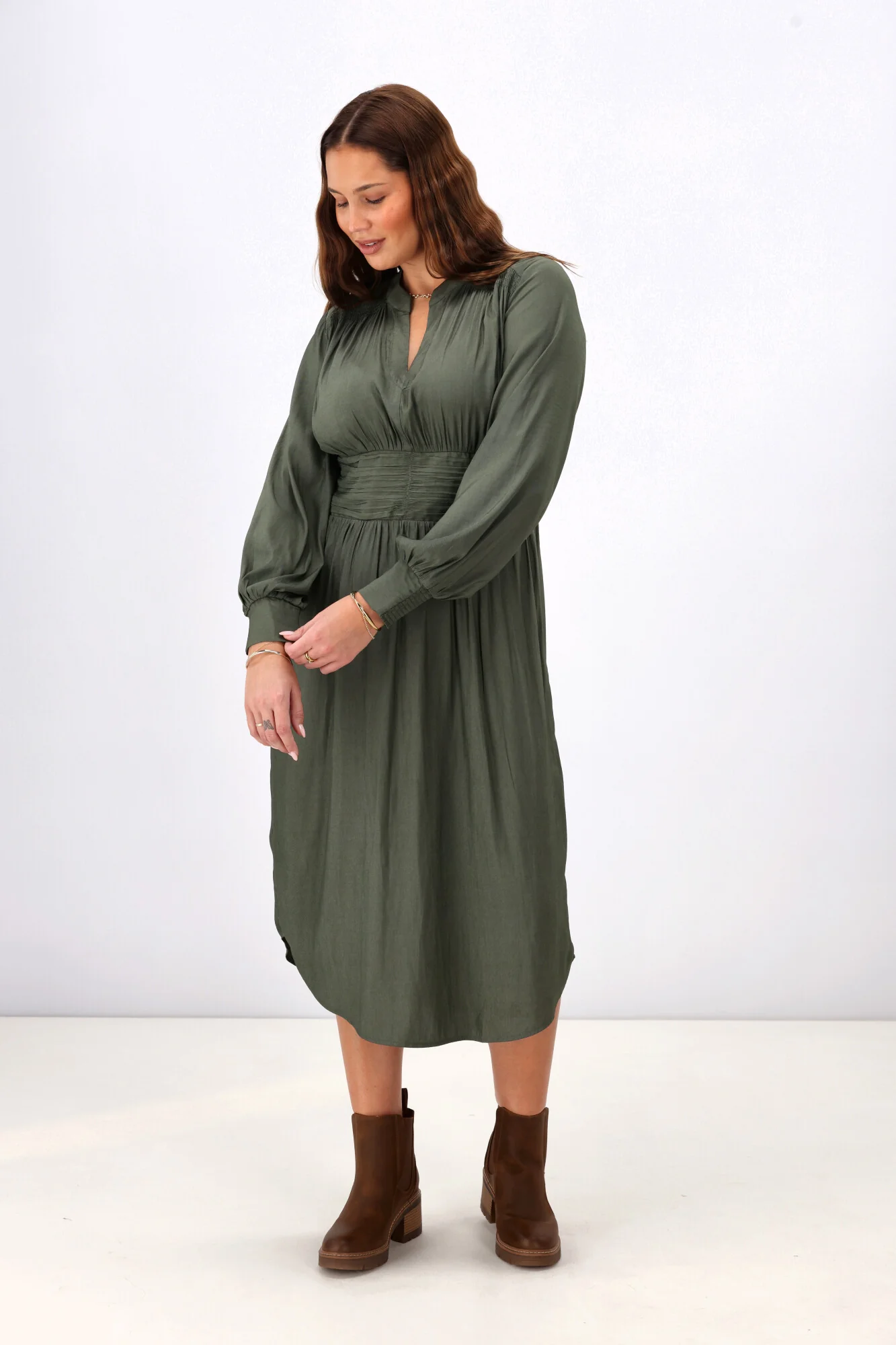 Gloss the Label Ellery Shirred Detail Dress Olive - Image 5