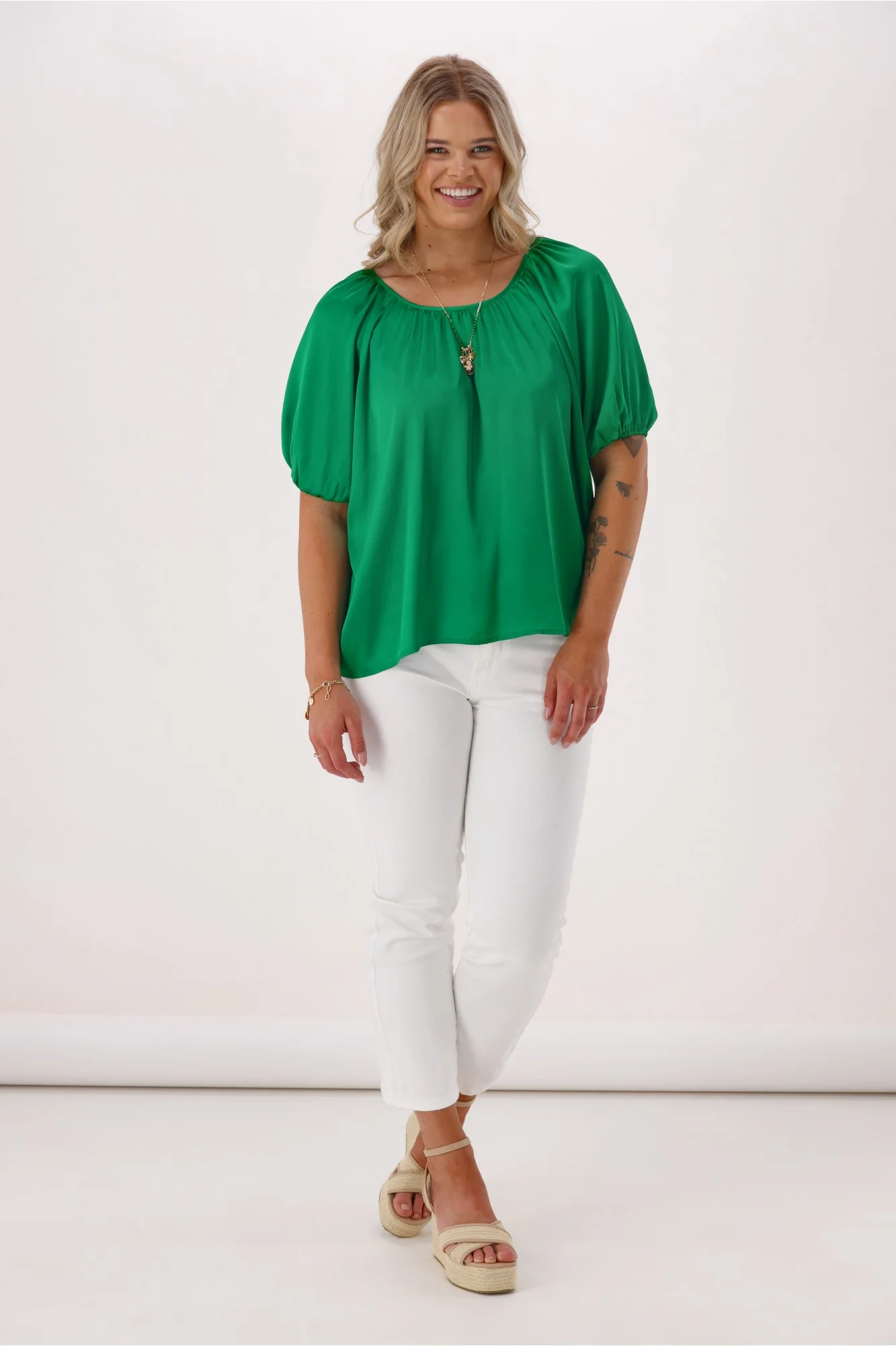 Gloss The Label Eve Satin Gathered Top Green - Image 4