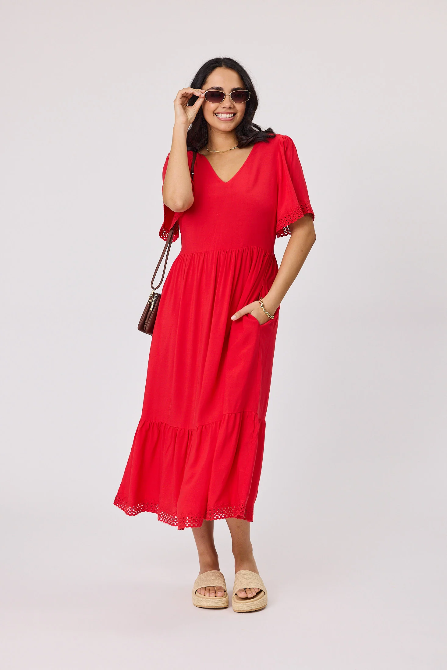 Gloss The Label Fortune Broderie Sleeve Dress Coral - Image 2