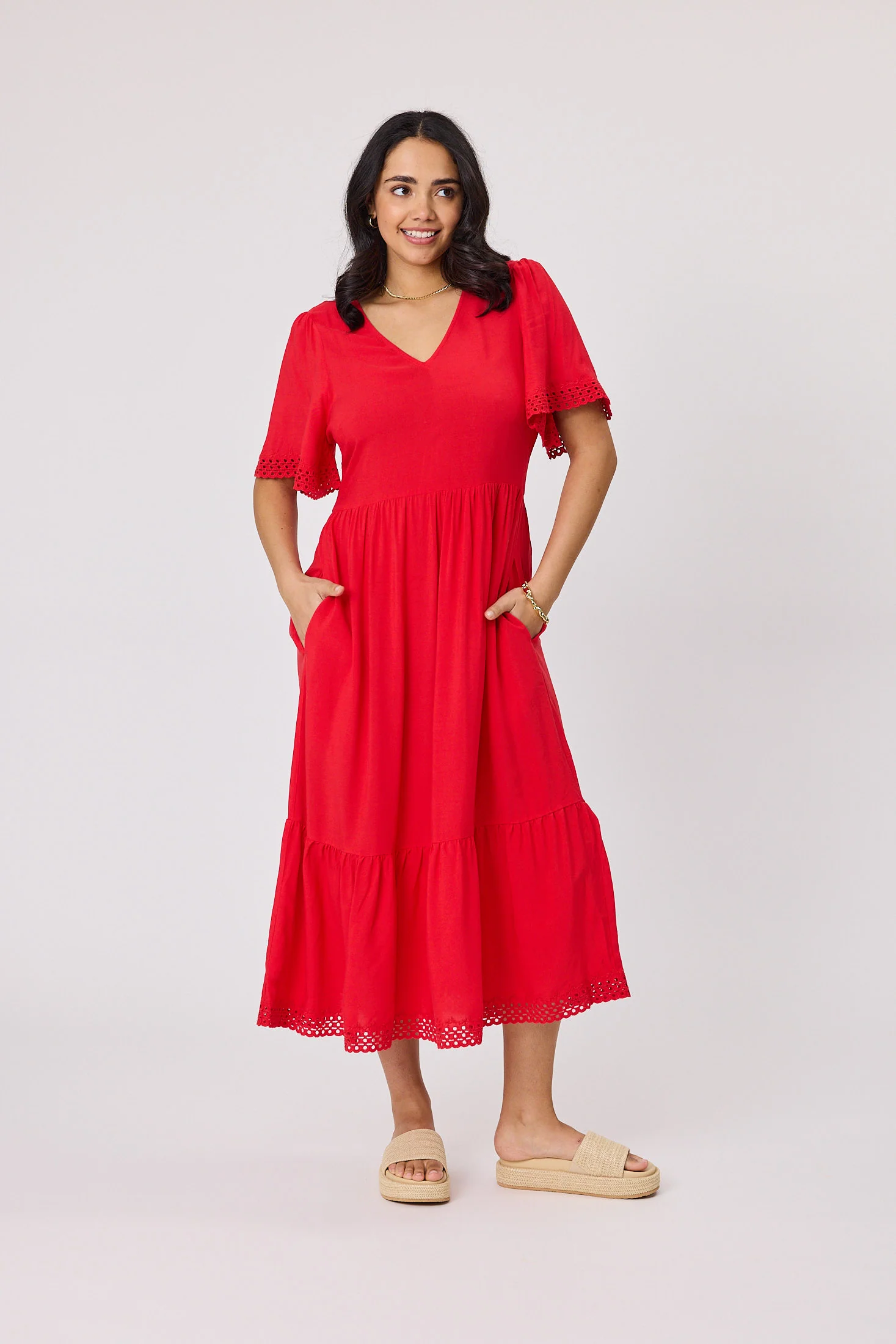 Gloss The Label Fortune Broderie Sleeve Dress Coral - Image 3