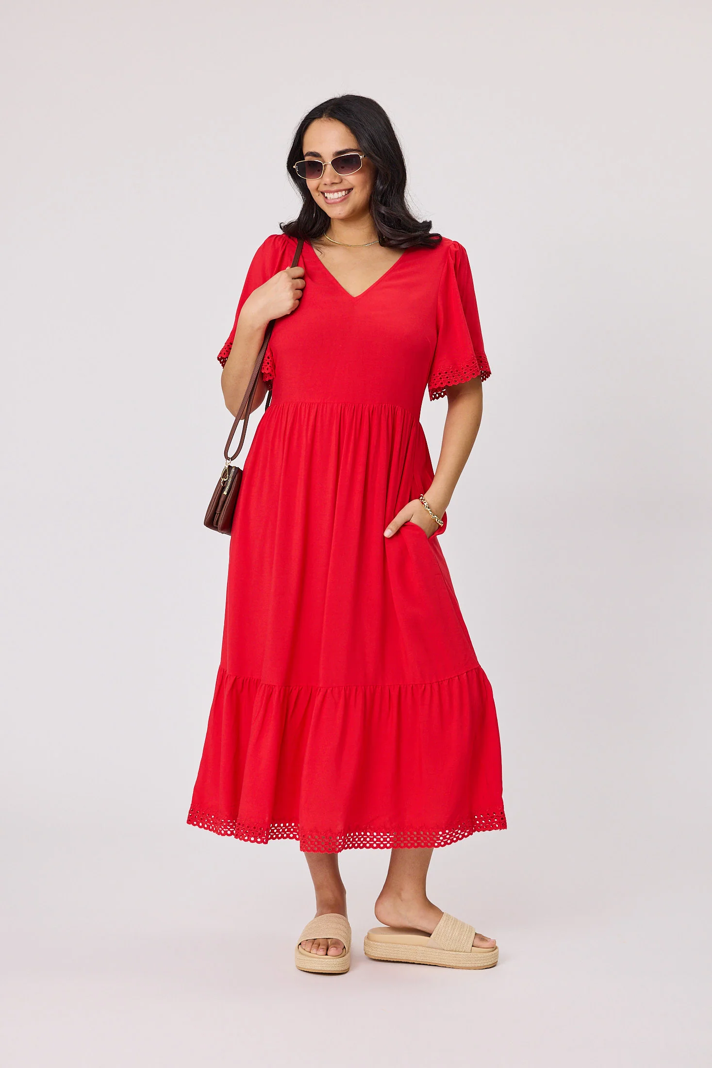 Gloss The Label Fortune Broderie Sleeve Dress Coral - Image 4