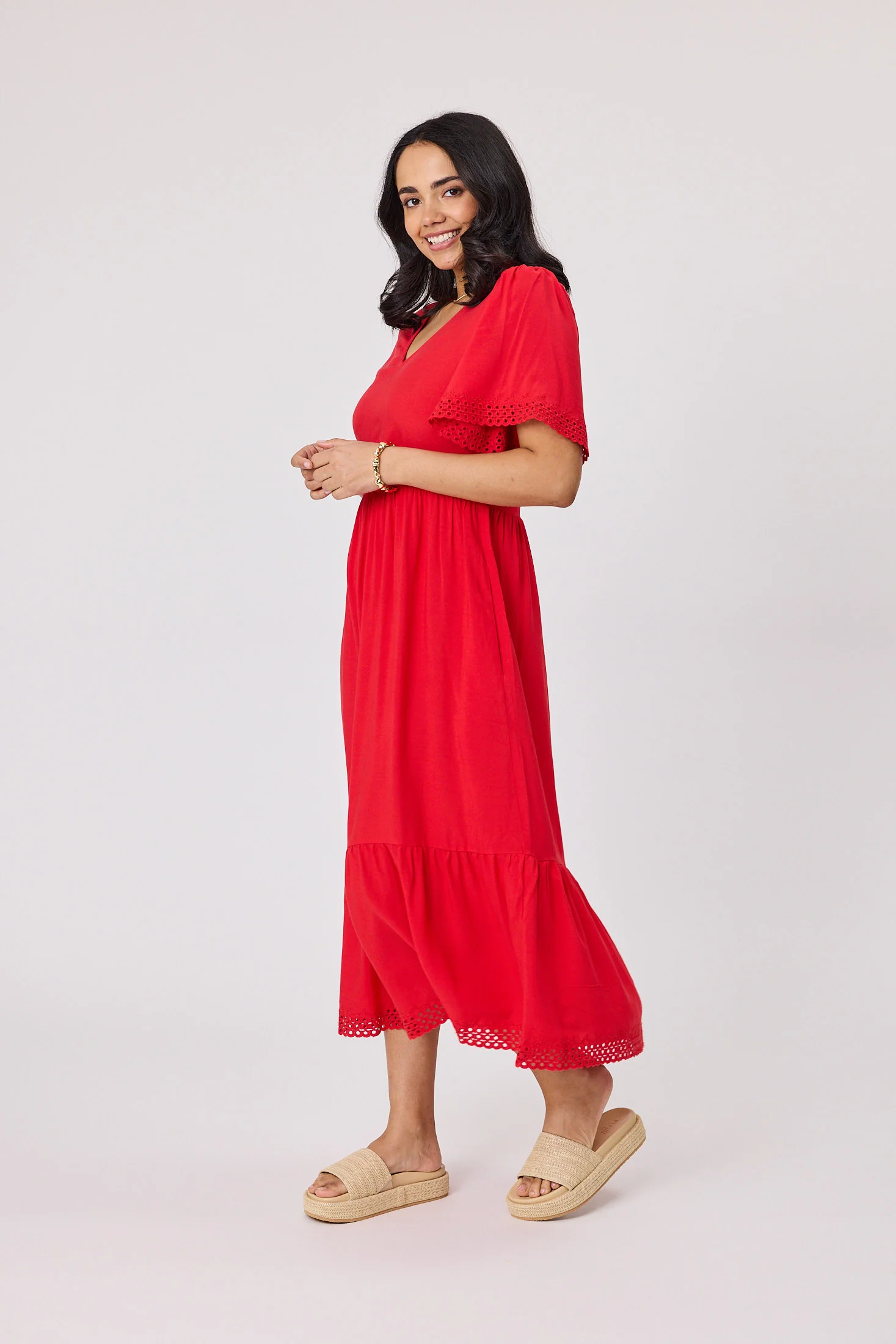 Gloss The Label Fortune Broderie Sleeve Dress Coral - Image 5