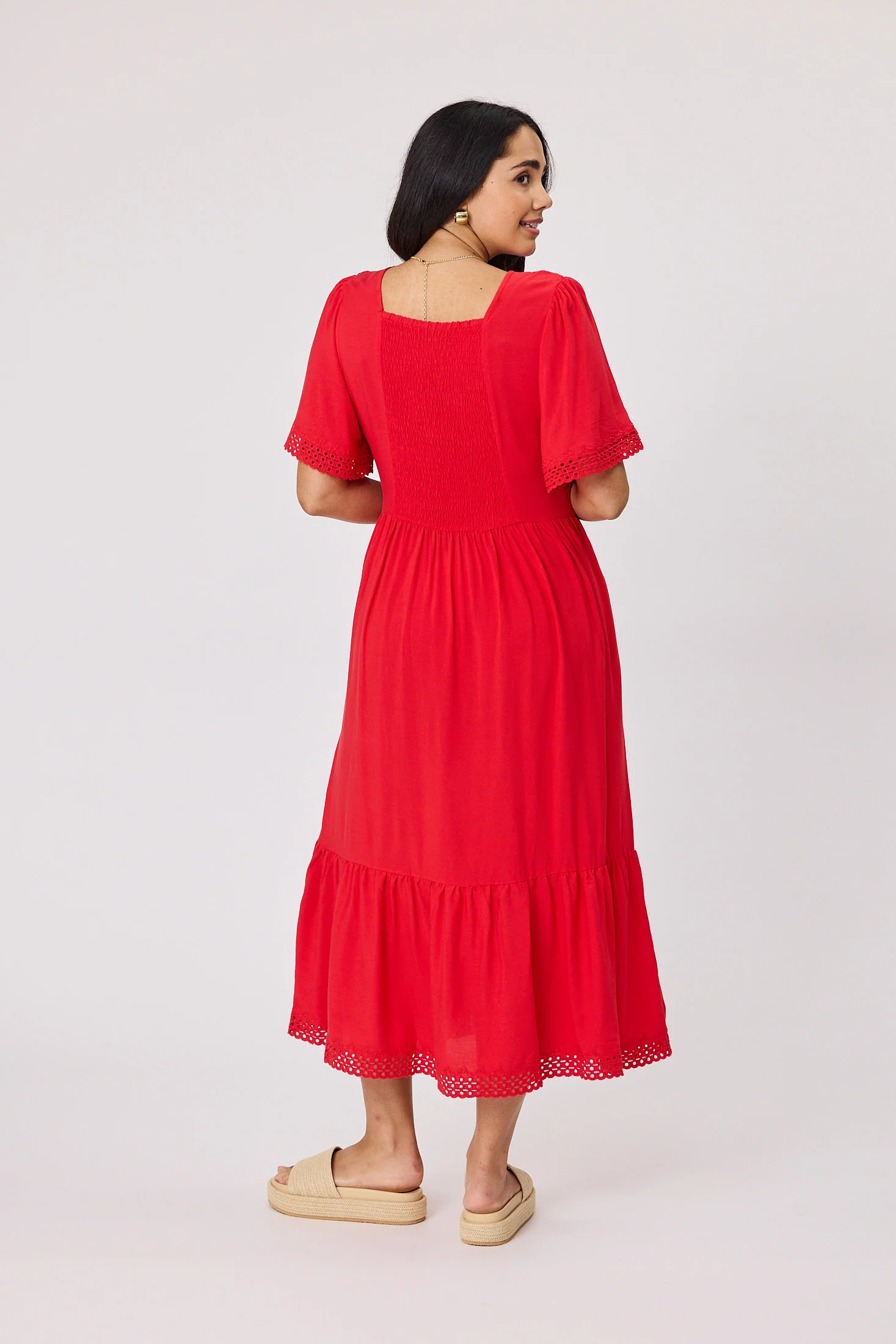 Gloss The Label Fortune Broderie Sleeve Dress Coral - Image 6
