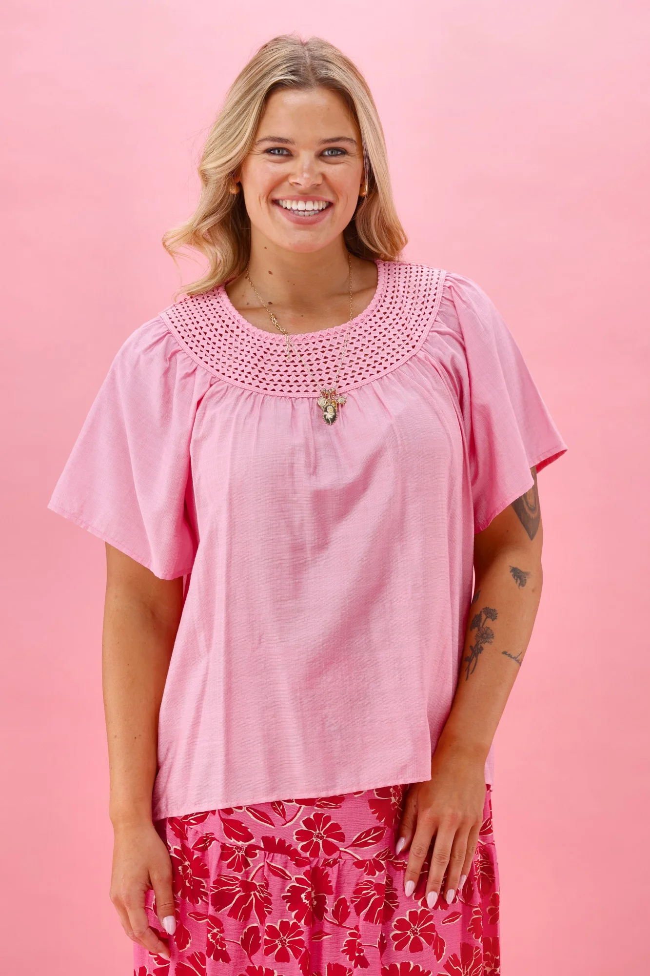 Gloss The Label Gina Lace Yoke Top Pink - Image 6
