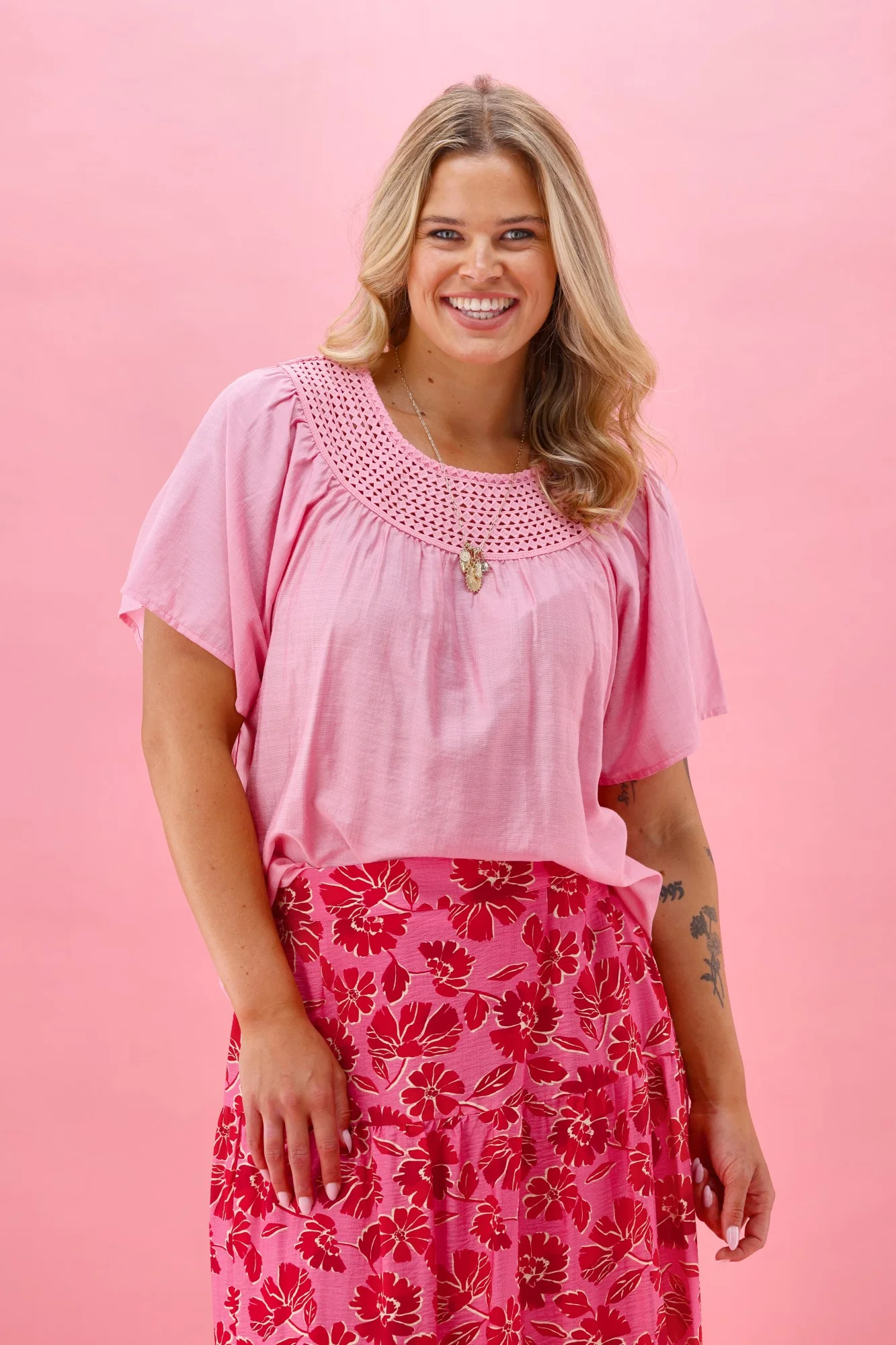 Gloss The Label Gina Lace Yoke Top Pink - Image 7