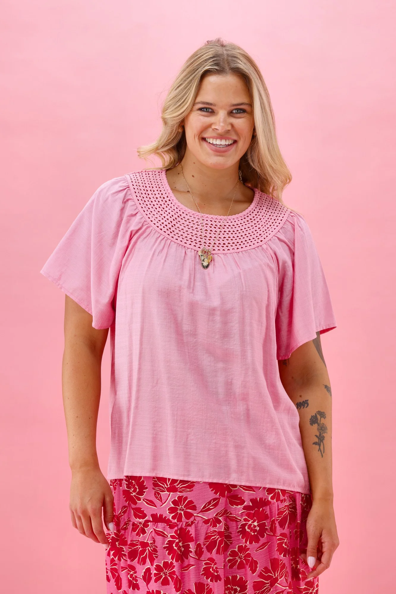 Gloss The Label Gina Lace Yoke Top Pink - Image 8