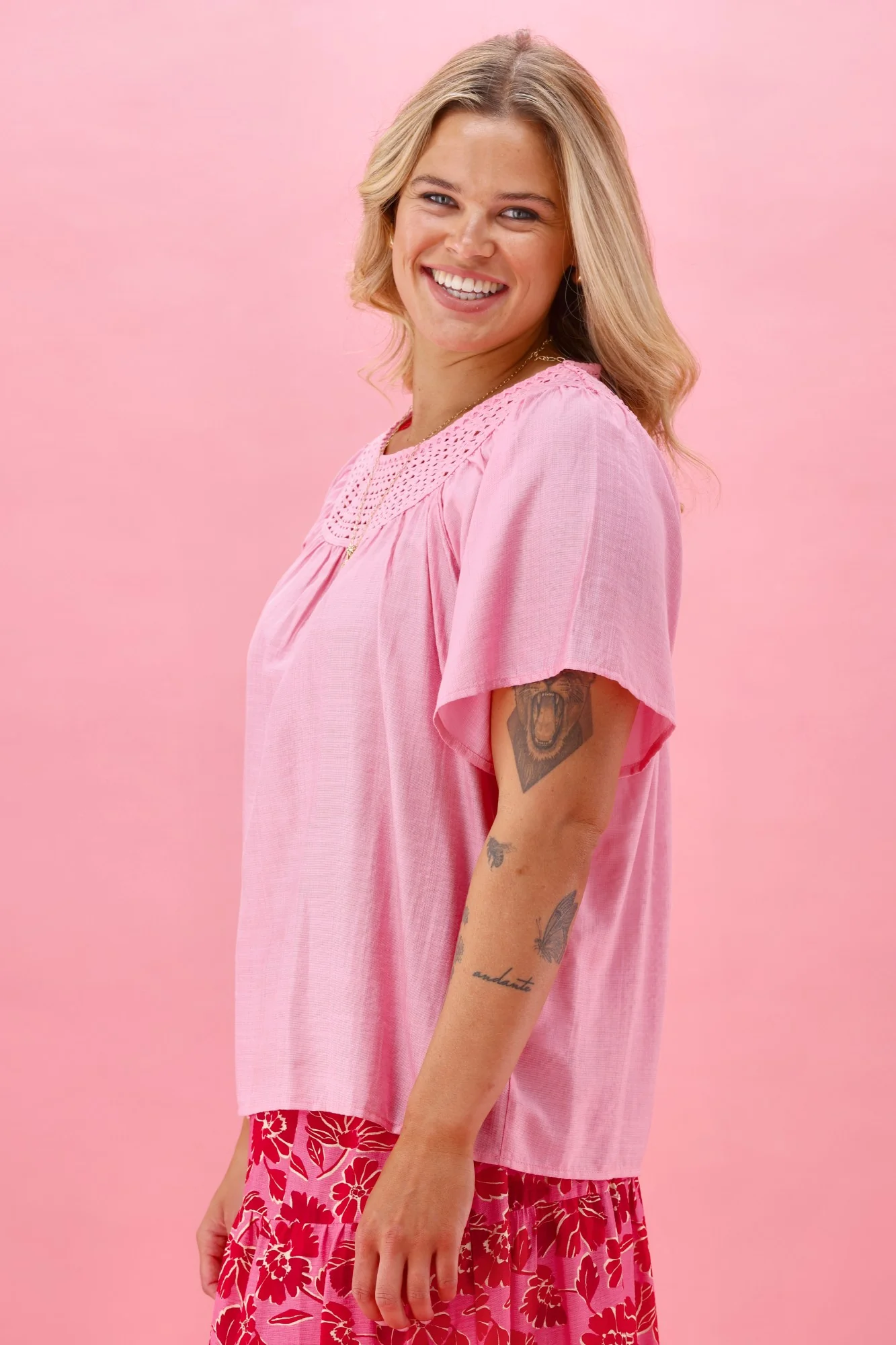 Gloss The Label Gina Lace Yoke Top Pink - Image 9
