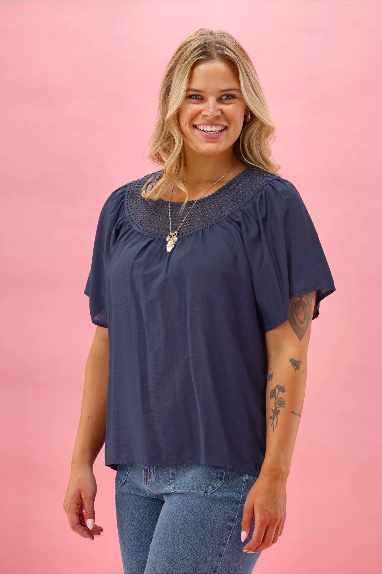 Gloss The Label Gina Lace Yoke Top Navy