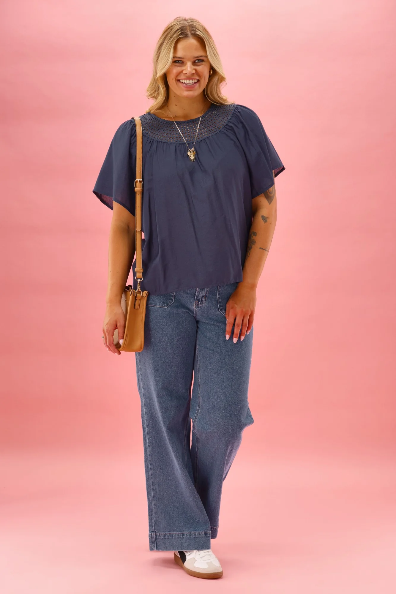 Gloss The Label Gina Lace Yoke Top Navy - Image 3