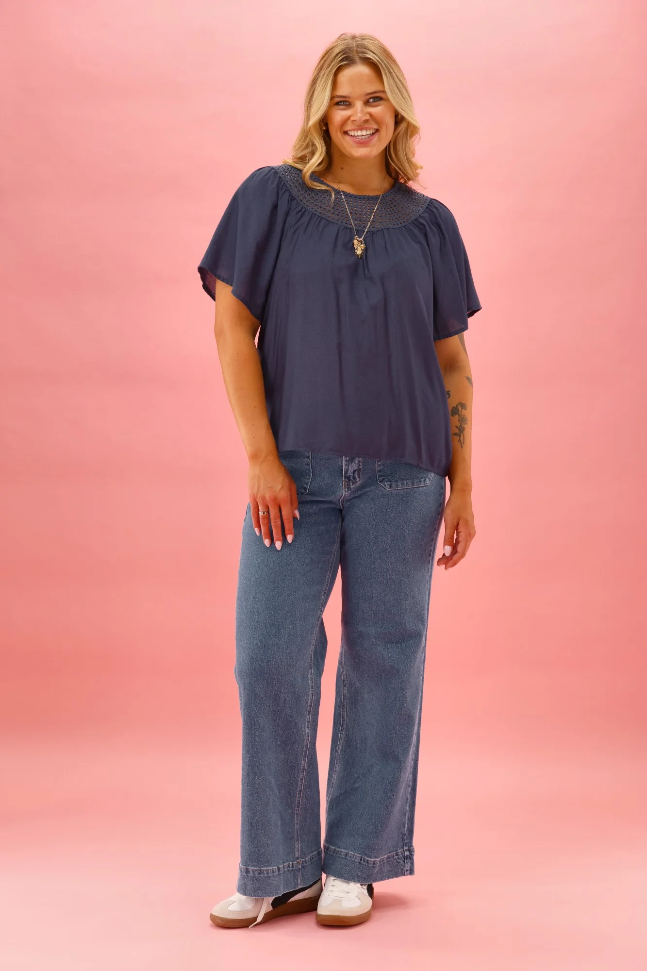 Gloss The Label Gina Lace Yoke Top Navy - Image 5