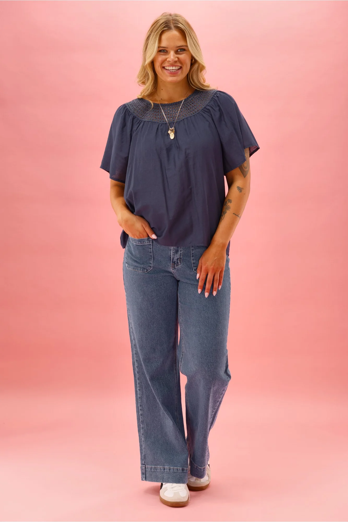 Gloss The Label Gina Lace Yoke Top Navy - Image 6