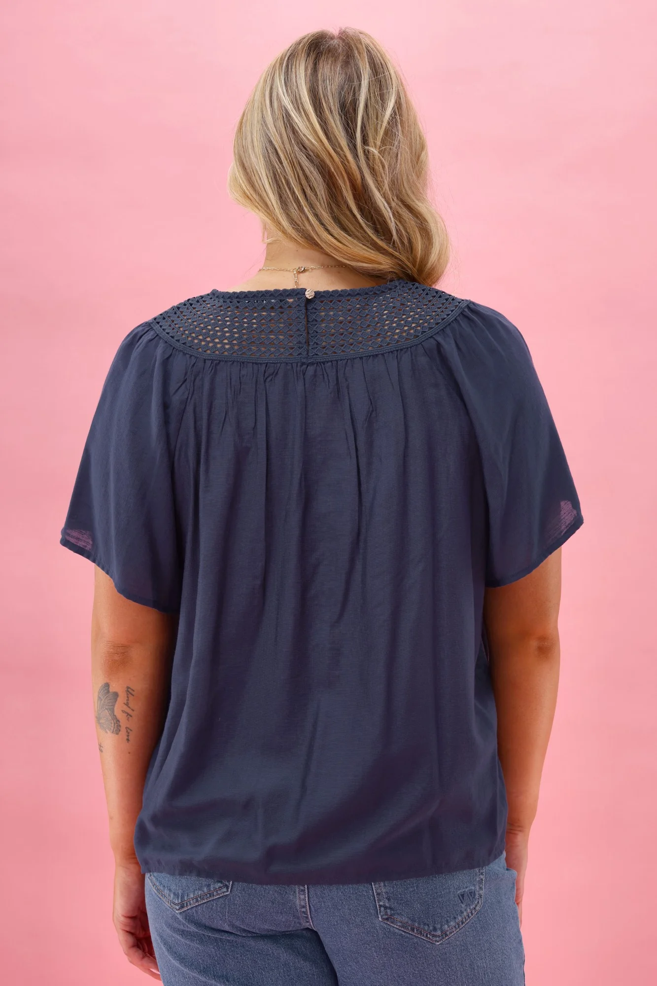 Gloss The Label Gina Lace Yoke Top Navy - Image 7