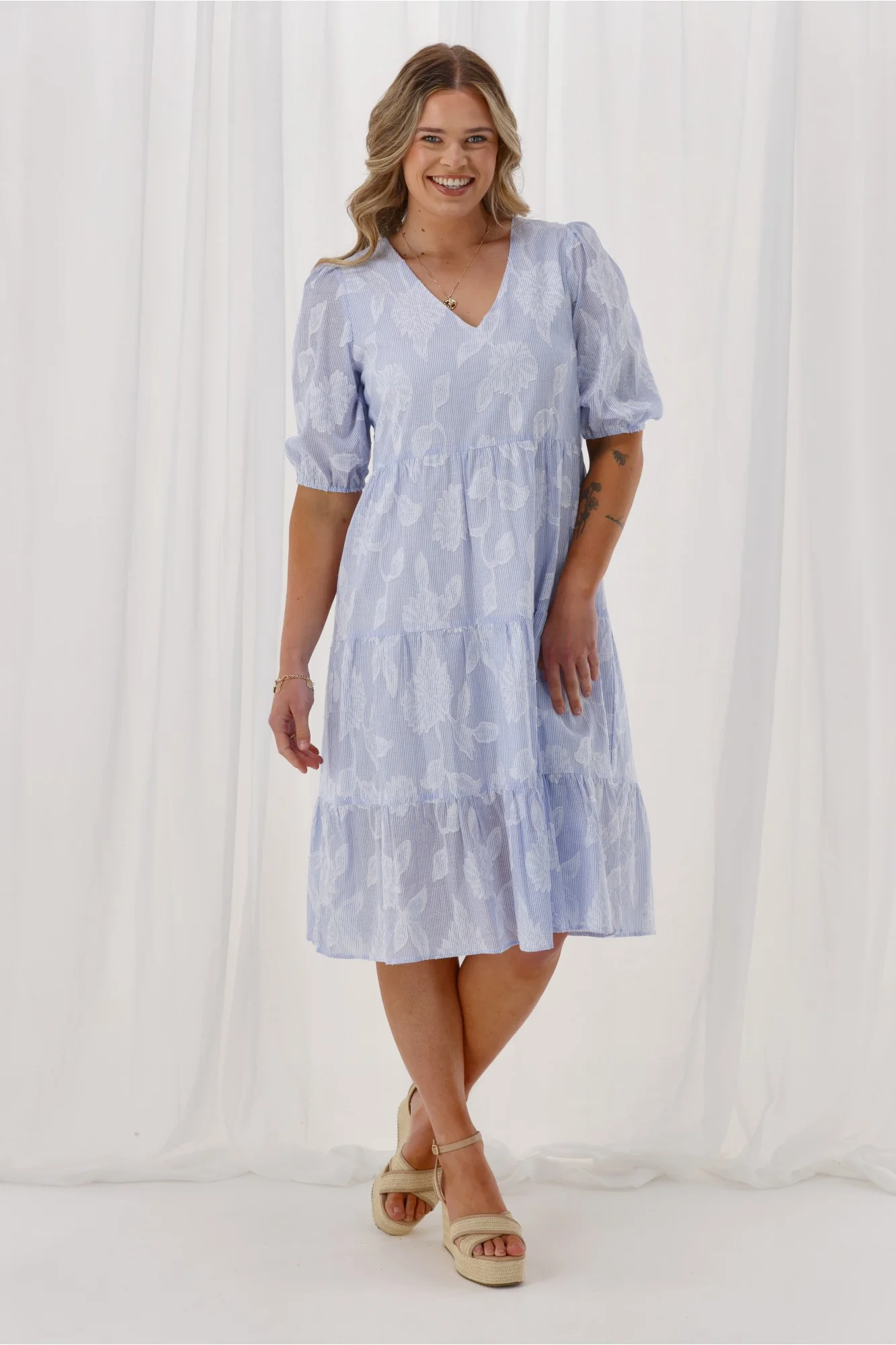 Gloss the Label Halle Tiered Midi Dress Flocked Blue Stripe - Image 3