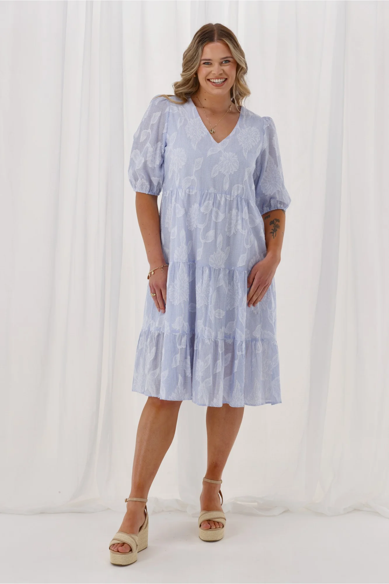 Gloss the Label Halle Tiered Midi Dress Flocked Blue Stripe - Image 4