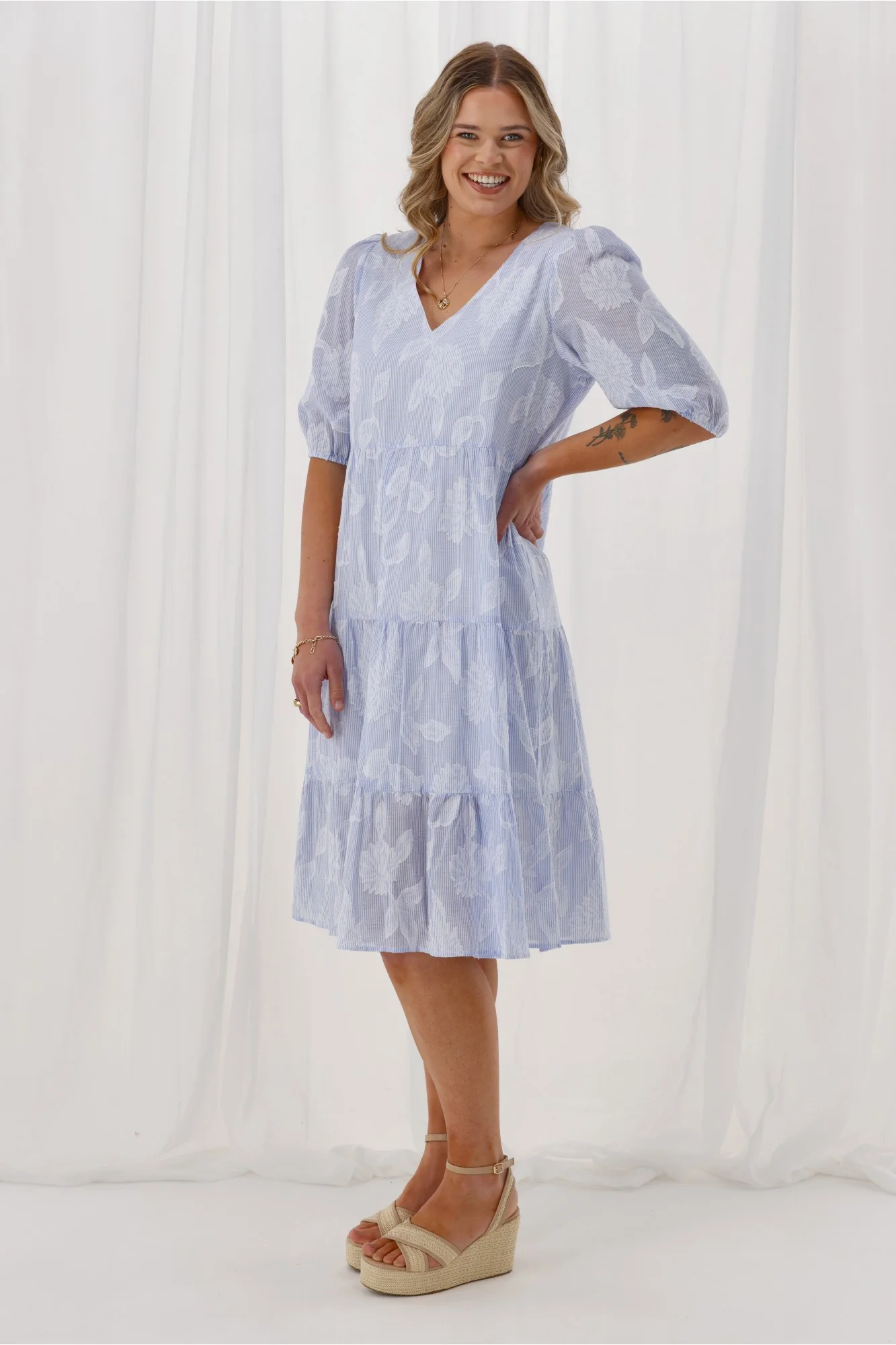 Gloss the Label Halle Tiered Midi Dress Flocked Blue Stripe - Image 5