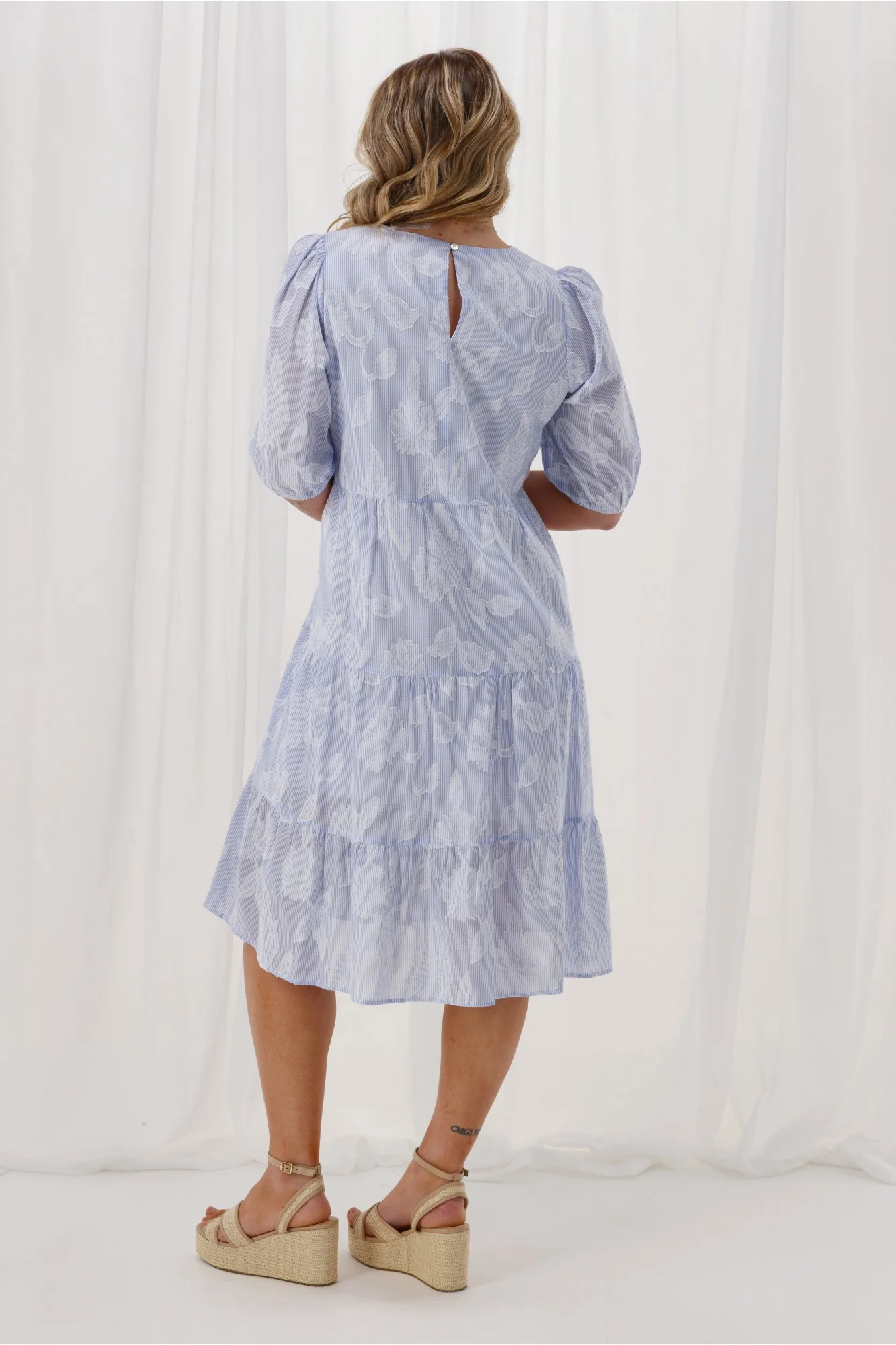 Gloss the Label Halle Tiered Midi Dress Flocked Blue Stripe - Image 6