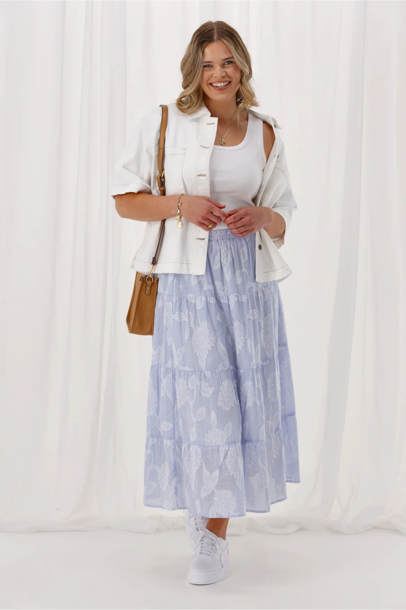 Gloss The Label Halle Tiered Skirt Flocked Blue Stripe - Image 3
