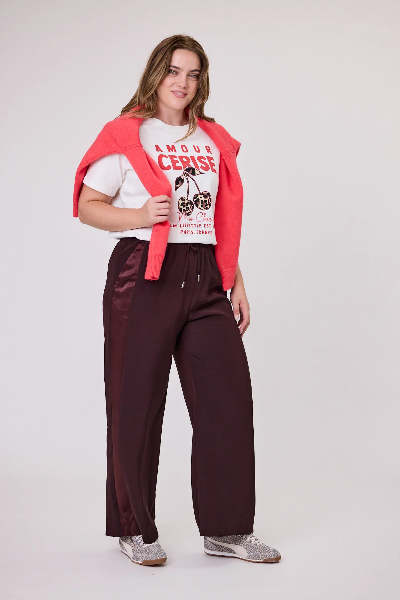 Gloss The Label Havanna Satin Stripe Pants Chocolate - Image 3