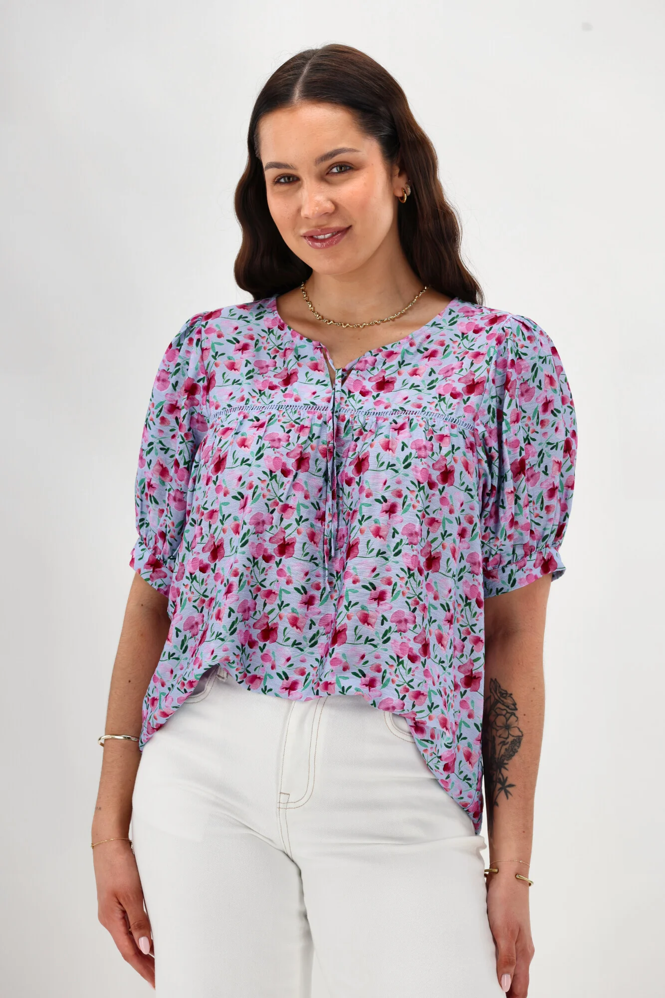 Gloss The Label Heidi Puff Sleeve Blouse Blue Watercolour Print - Image 2