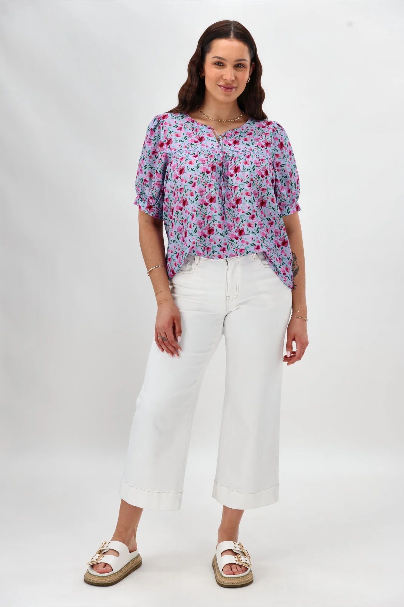 Gloss The Label Heidi Puff Sleeve Blouse Blue Watercolour Print - Image 4