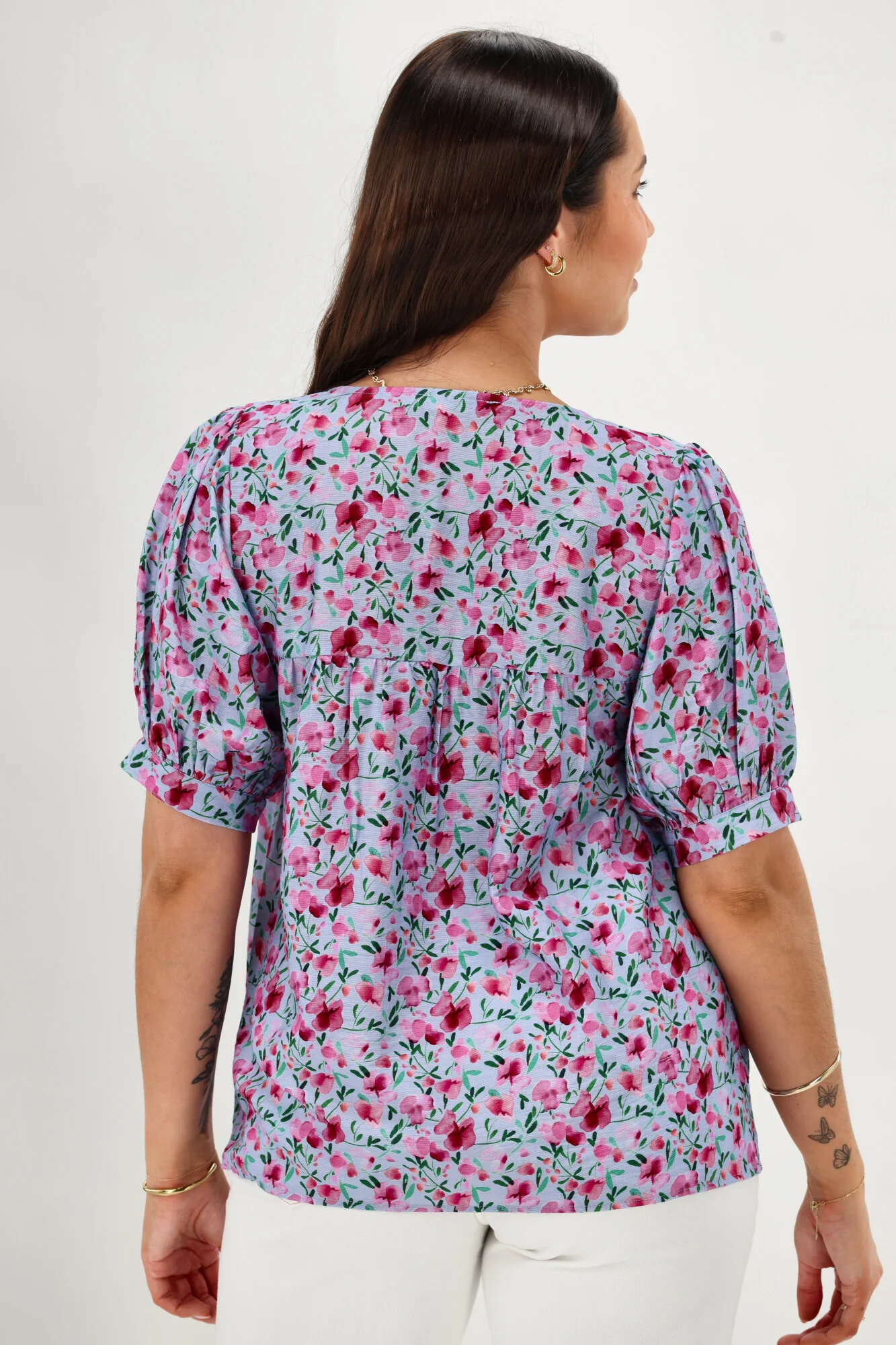 Gloss The Label Heidi Puff Sleeve Blouse Blue Watercolour Print - Image 5