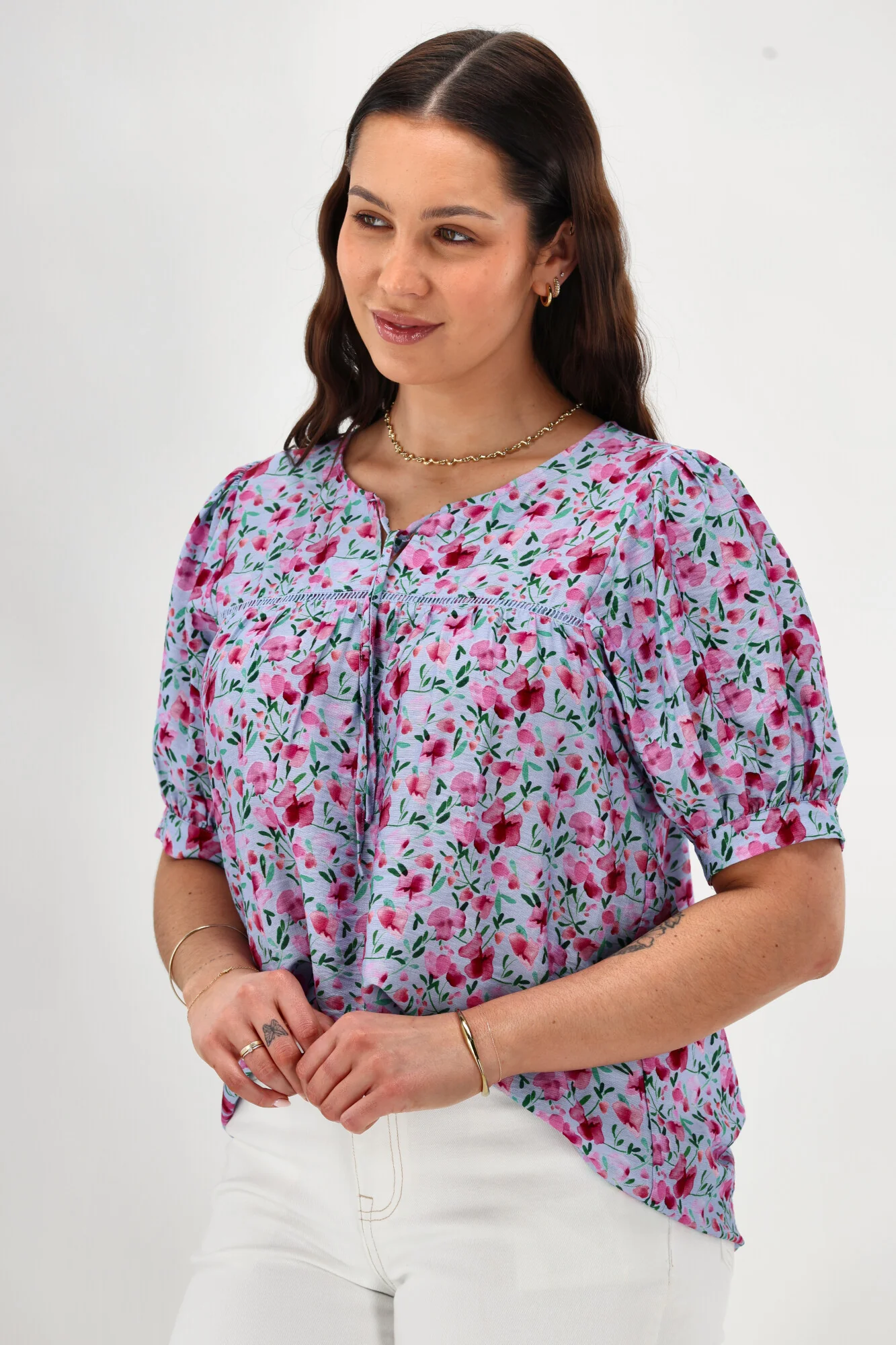 Gloss The Label Heidi Puff Sleeve Blouse Blue Watercolour Print - Image 7