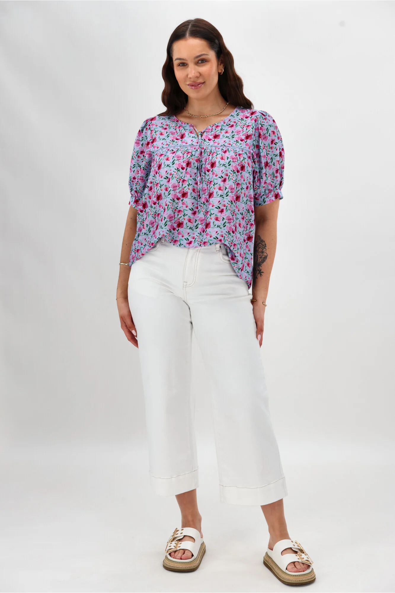 Gloss The Label Heidi Puff Sleeve Blouse Blue Watercolour Print - Image 8