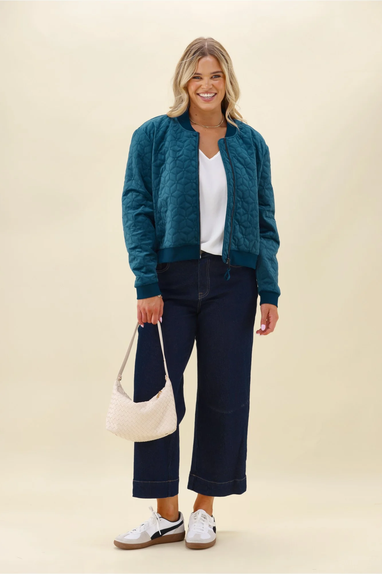 Gloss The Label James Quilted Velvet Bomber Jacket Teal - Image 3