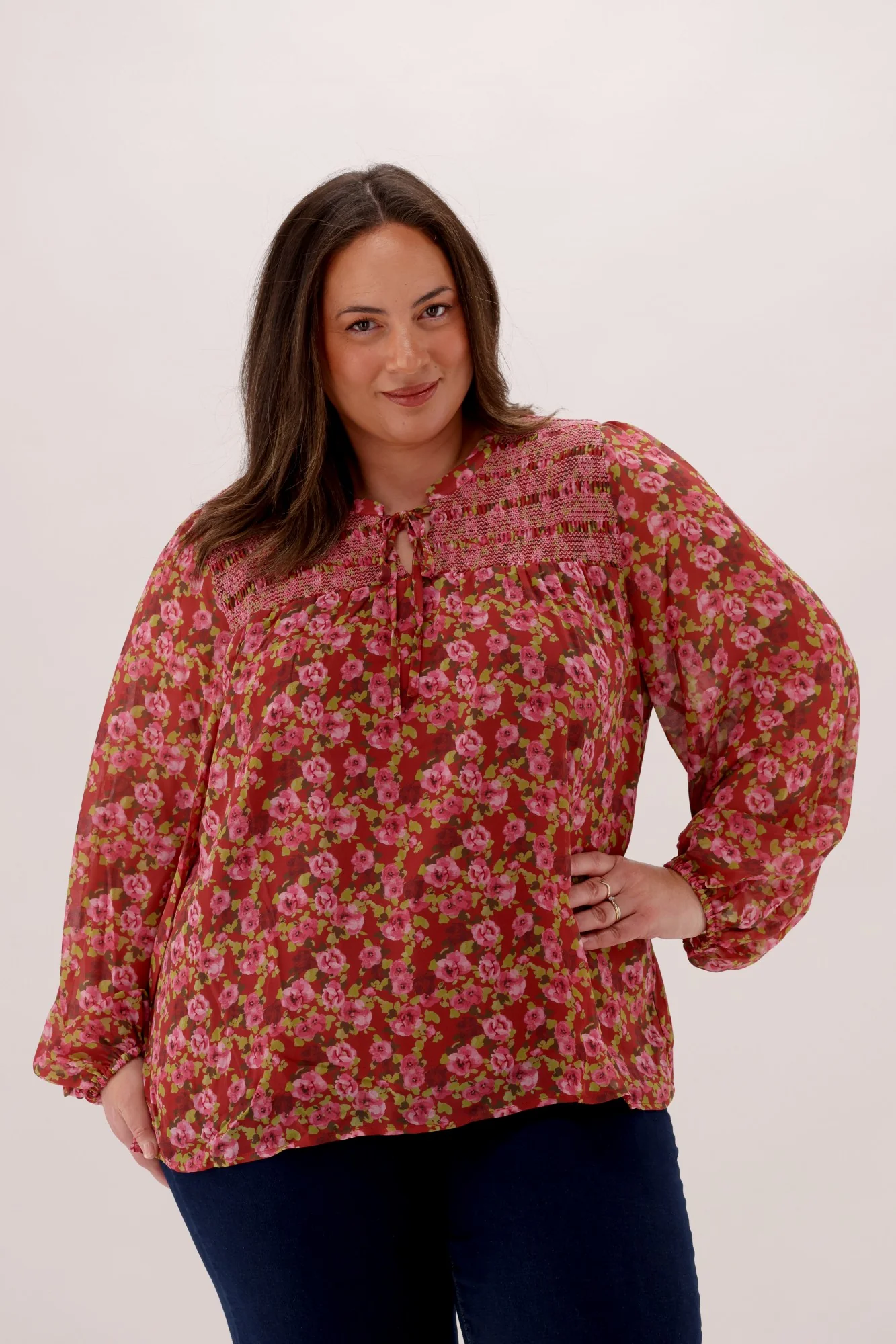 Gloss The Label Juan Shirred Detail Top Wine Speckle Floral