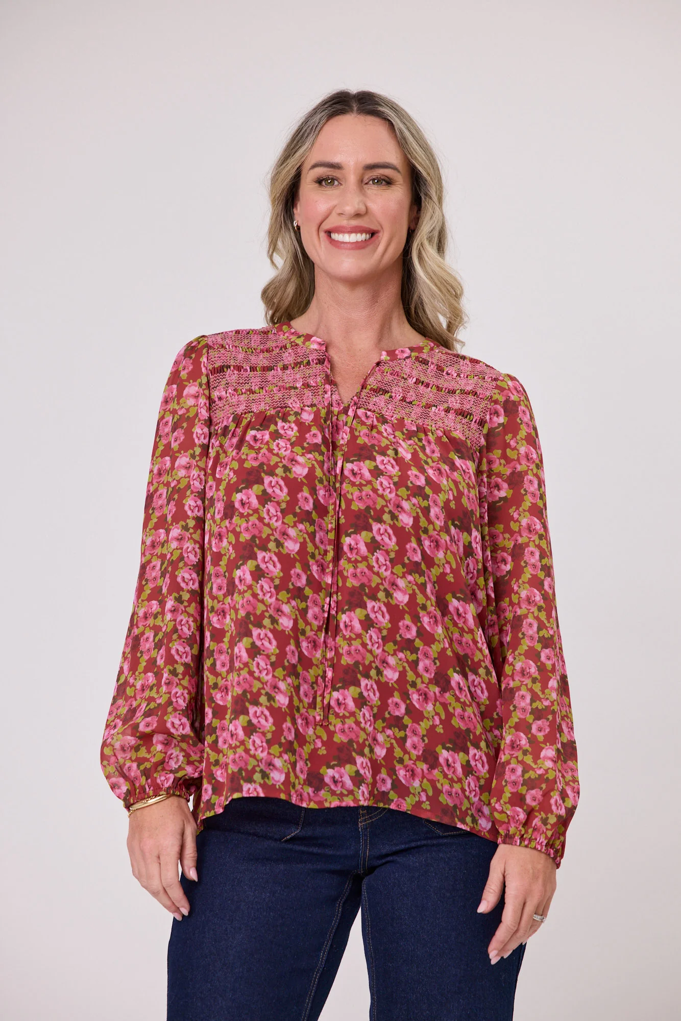 Gloss The Label Juan Shirred Detail Top Wine Speckle Floral - Image 3