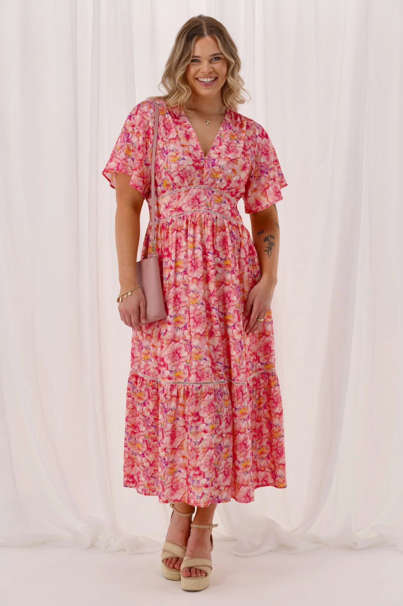 Gloss The Label Keagan Ladder Lace Dress Pink Floral - Image 3