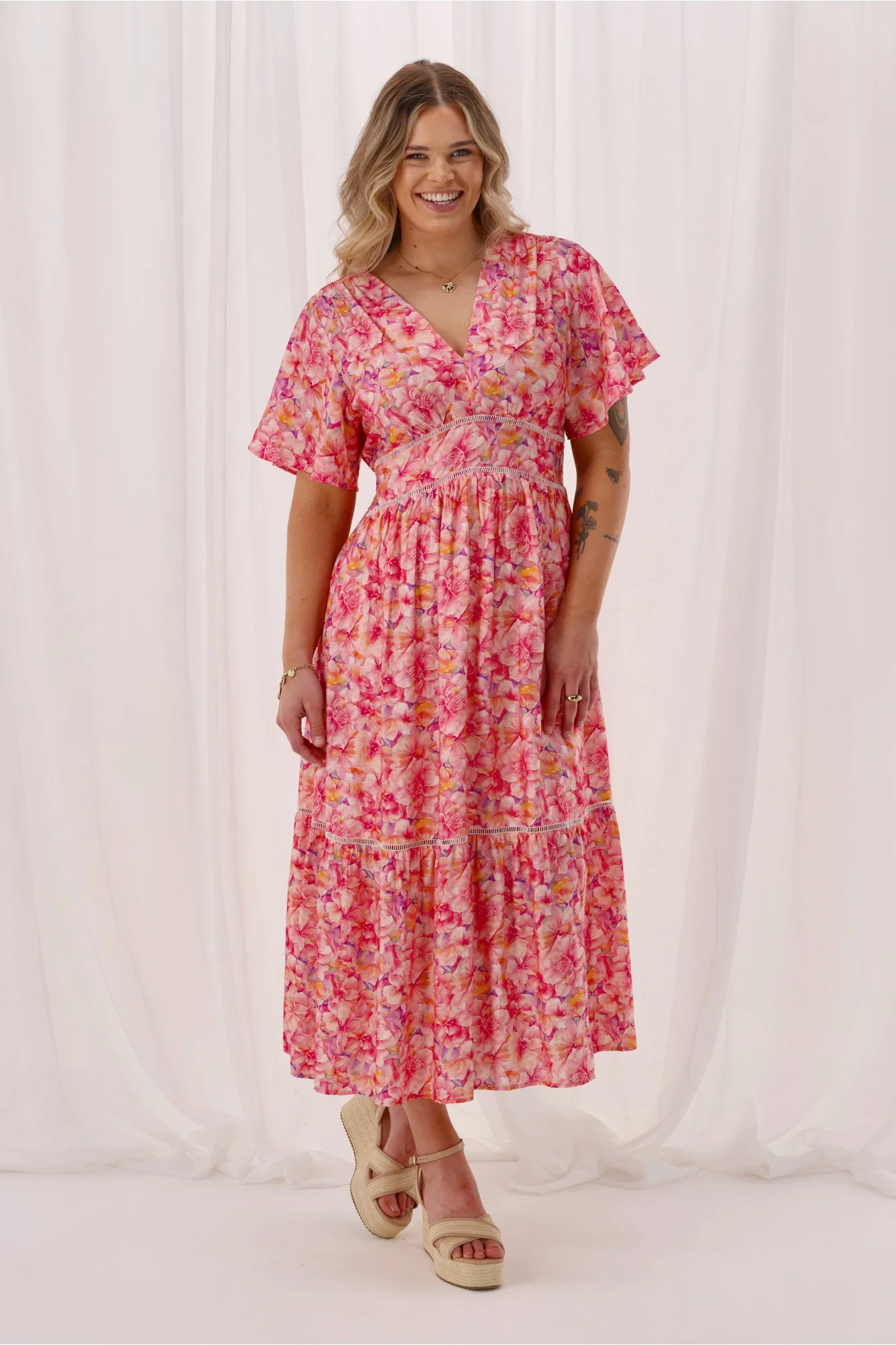 Gloss The Label Keagan Ladder Lace Dress Pink Floral - Image 6