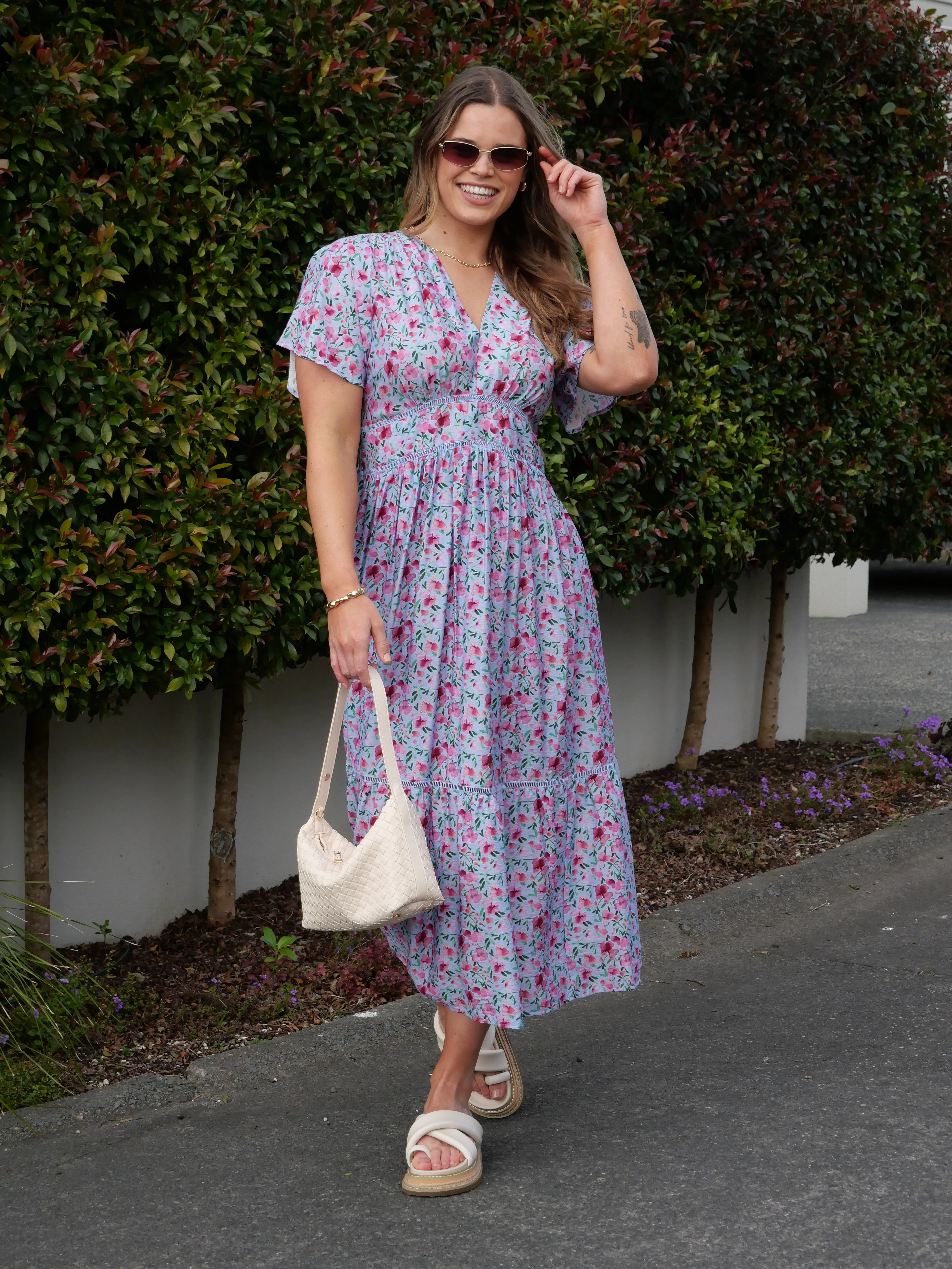 Gloss The Label Khyla Ladder Lace Dress Blue Watercolour Print - Image 11