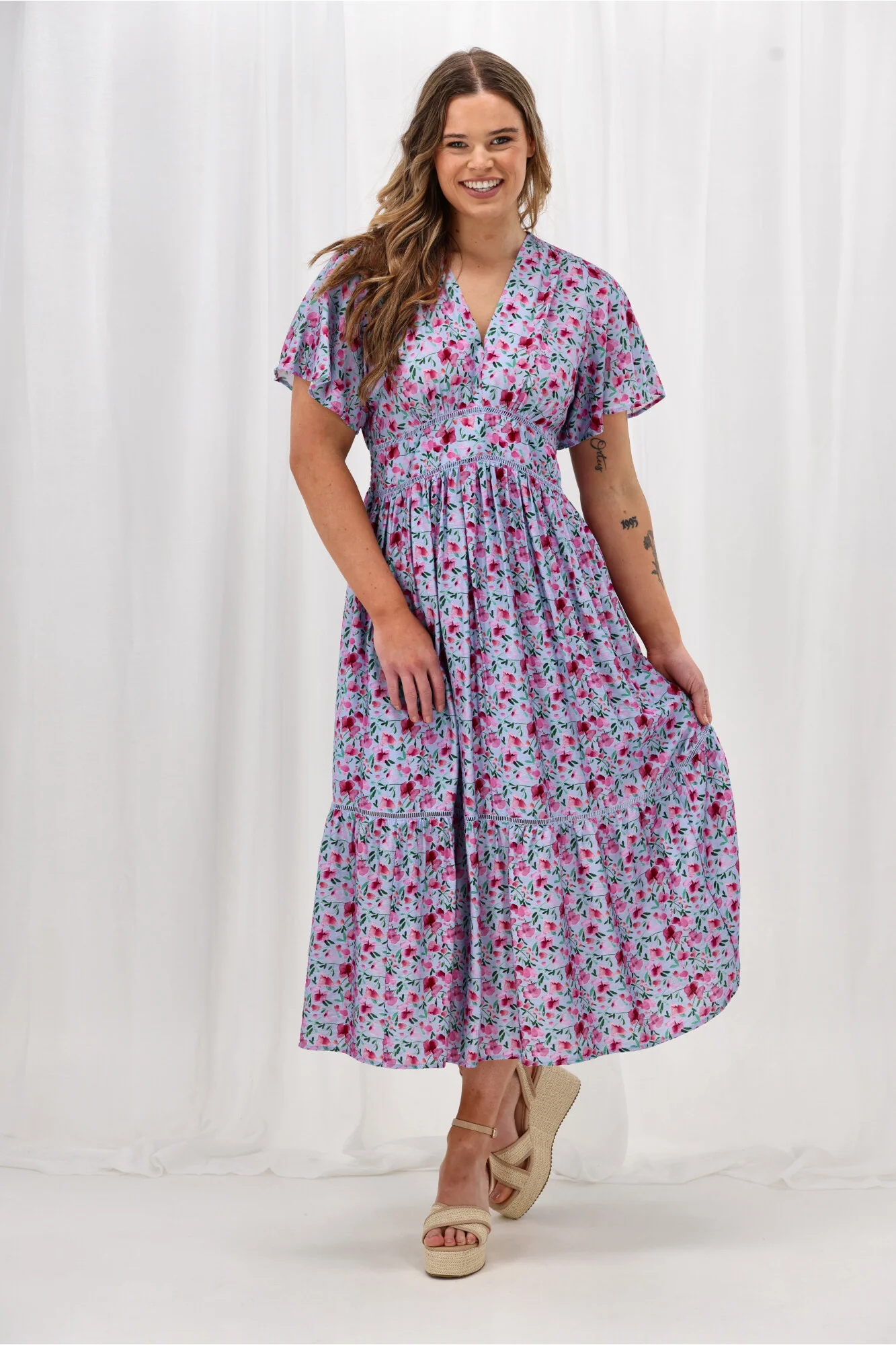 Gloss The Label Khyla Ladder Lace Dress Blue Watercolour Print - Image 2