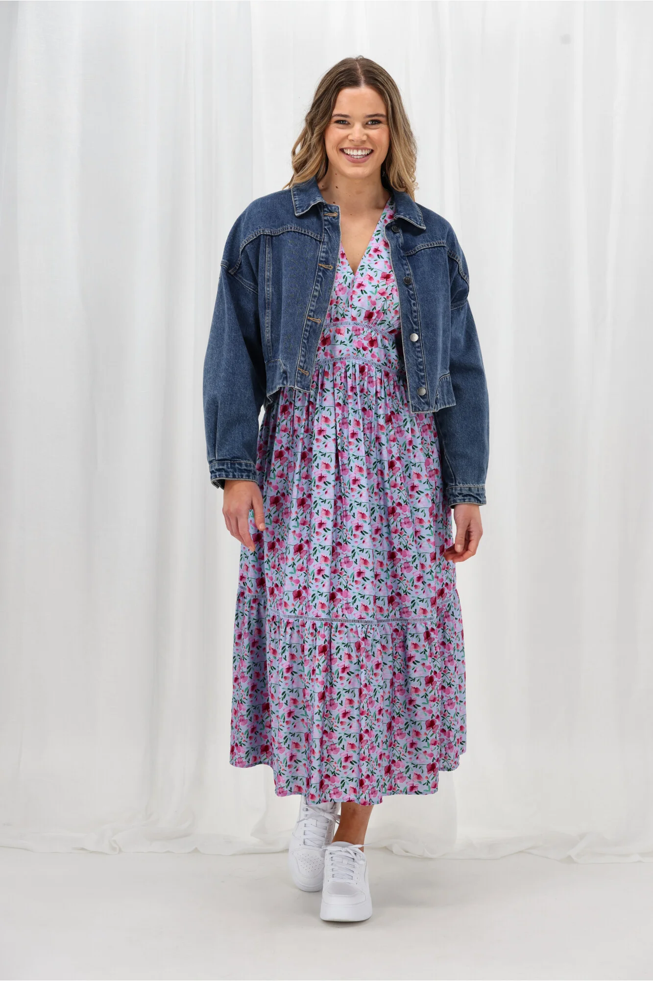 Gloss The Label Khyla Ladder Lace Dress Blue Watercolour Print - Image 5