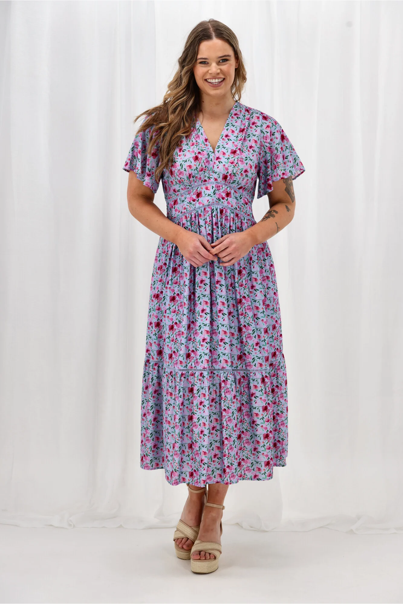 Gloss The Label Khyla Ladder Lace Dress Blue Watercolour Print - Image 6