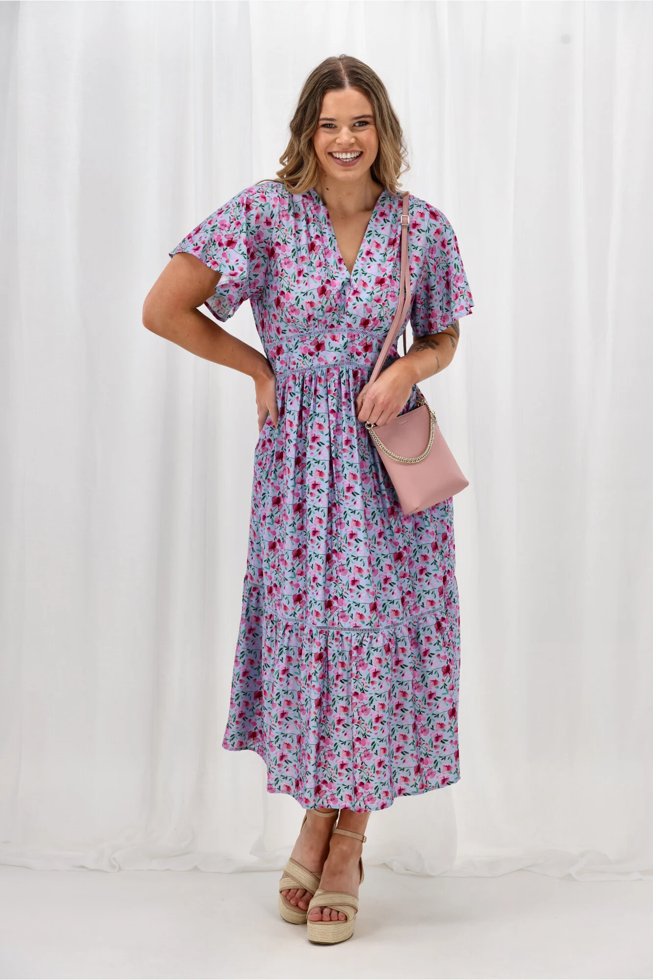 Gloss The Label Khyla Ladder Lace Dress Blue Watercolour Print - Image 8