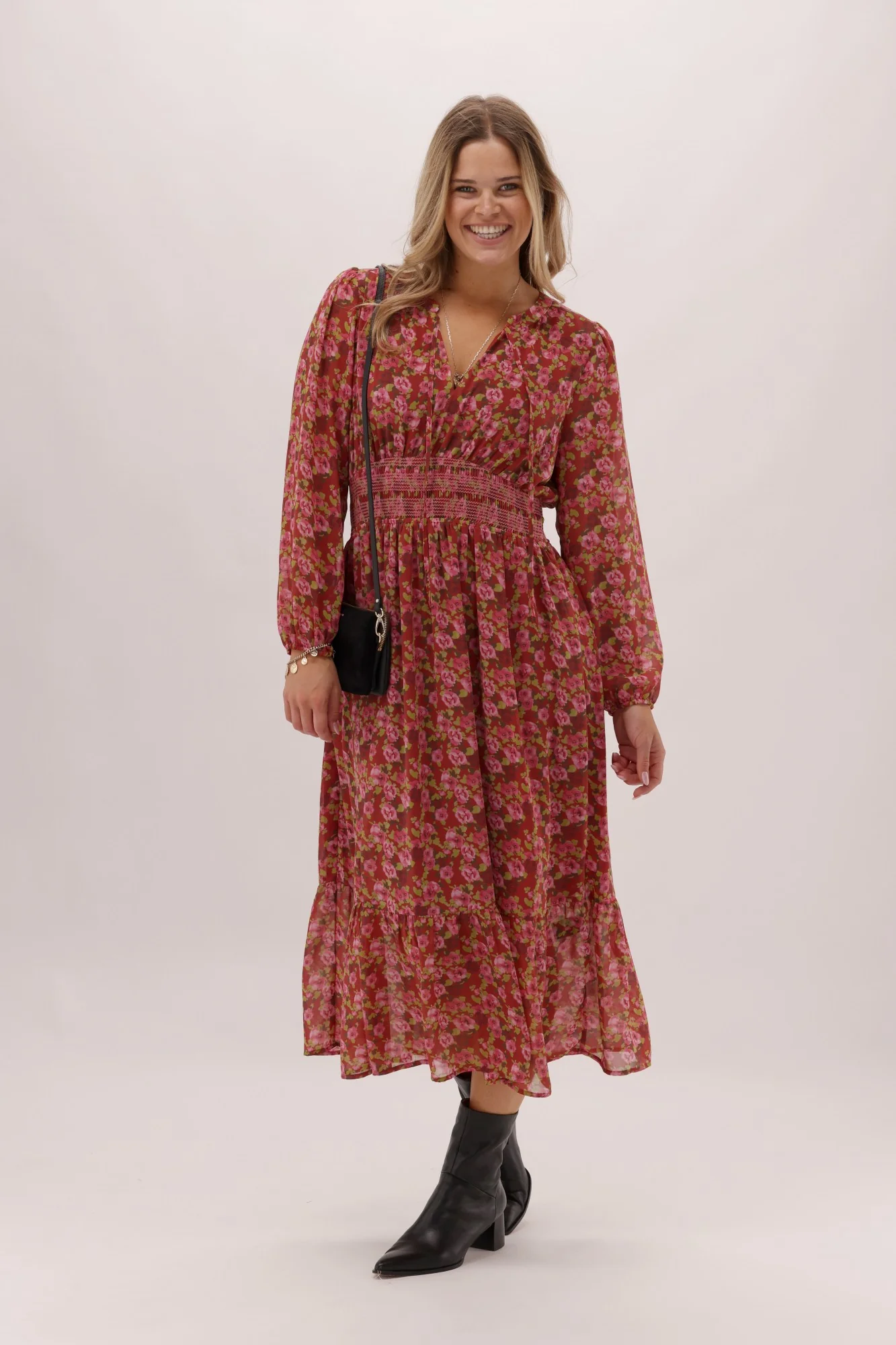 Gloss The Label Lindsay Shirred Waist Dress Wine Speckle Floral