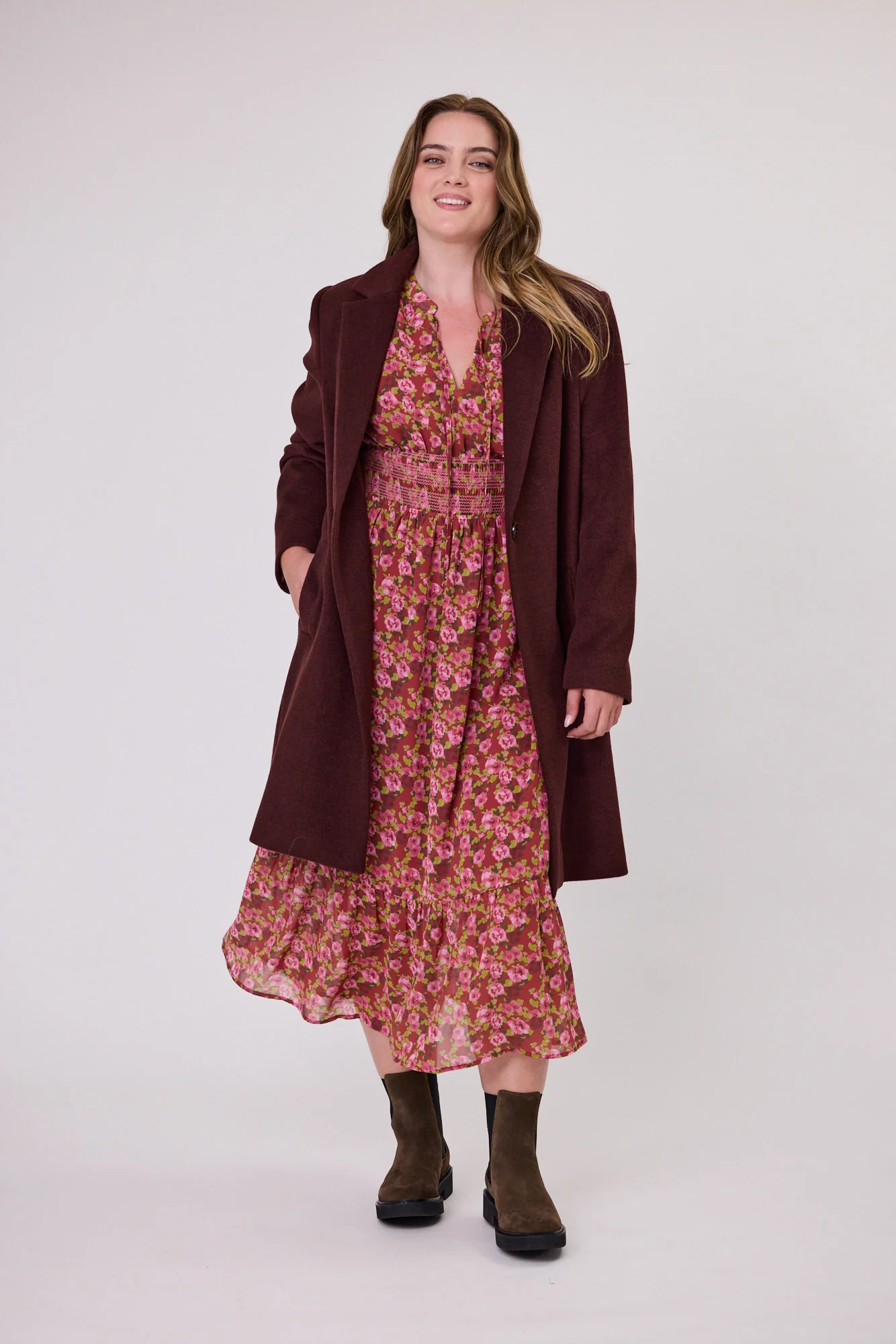 Gloss The Label Lindsay Shirred Waist Dress Wine Speckle Floral - Image 5